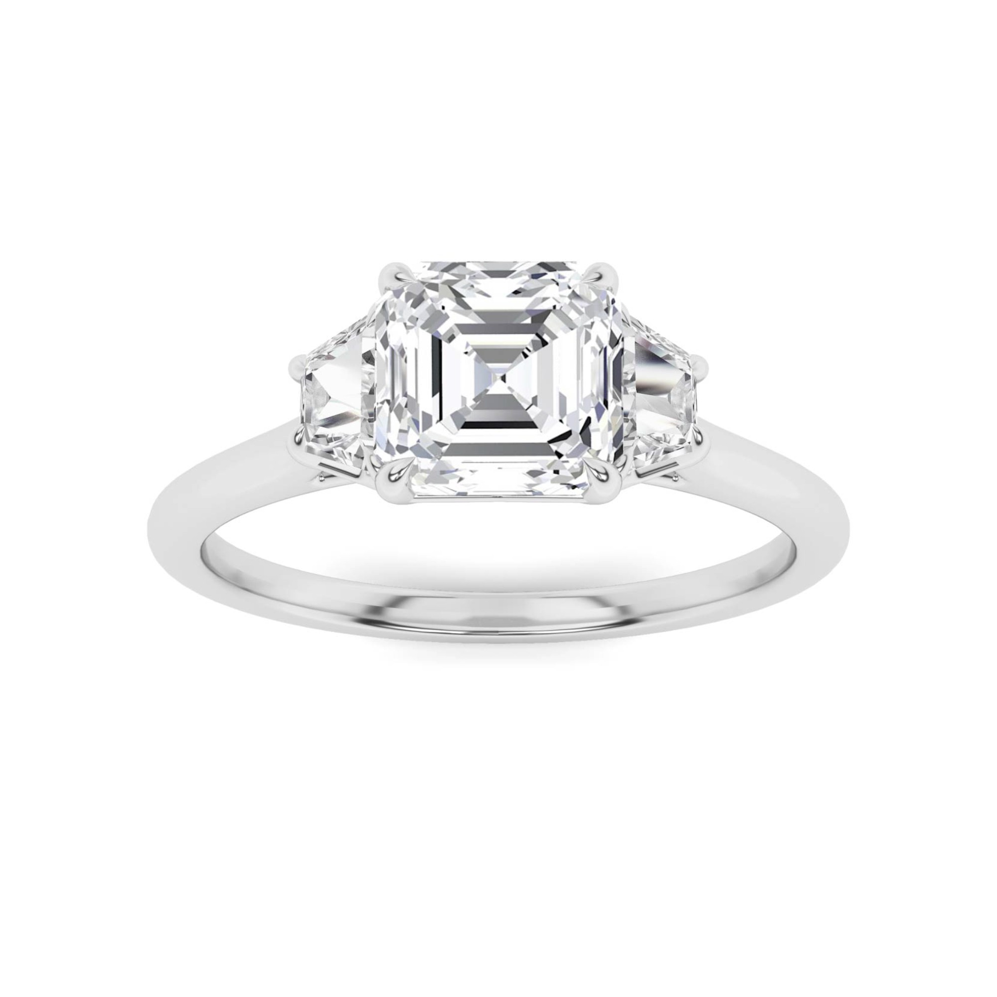 Forever 4 Prong Round And Trillion Cut  Three Stone  Diamond Engagment Ring in 9K White Gold