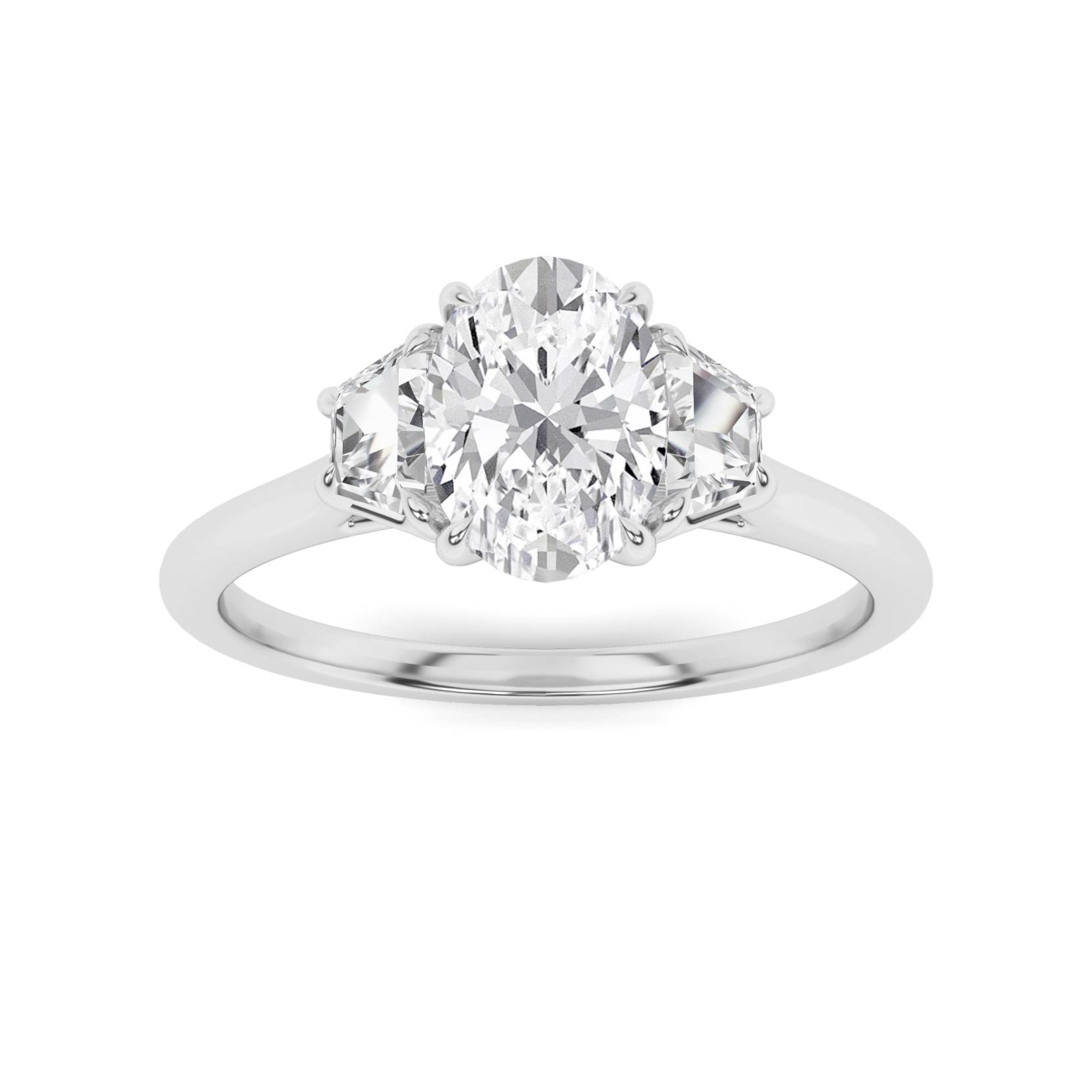 Forever 4 Prong Round And Trillion Cut  Three Stone  Diamond Engagment Ring in 9K White Gold