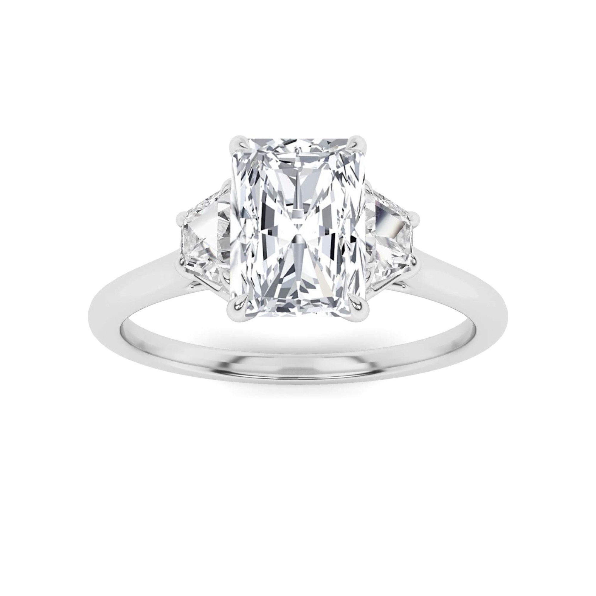 Forever Prong Set Radiant And Trillion Cut  Three Stone  Diamond Engagment Ring in 9K White Gold