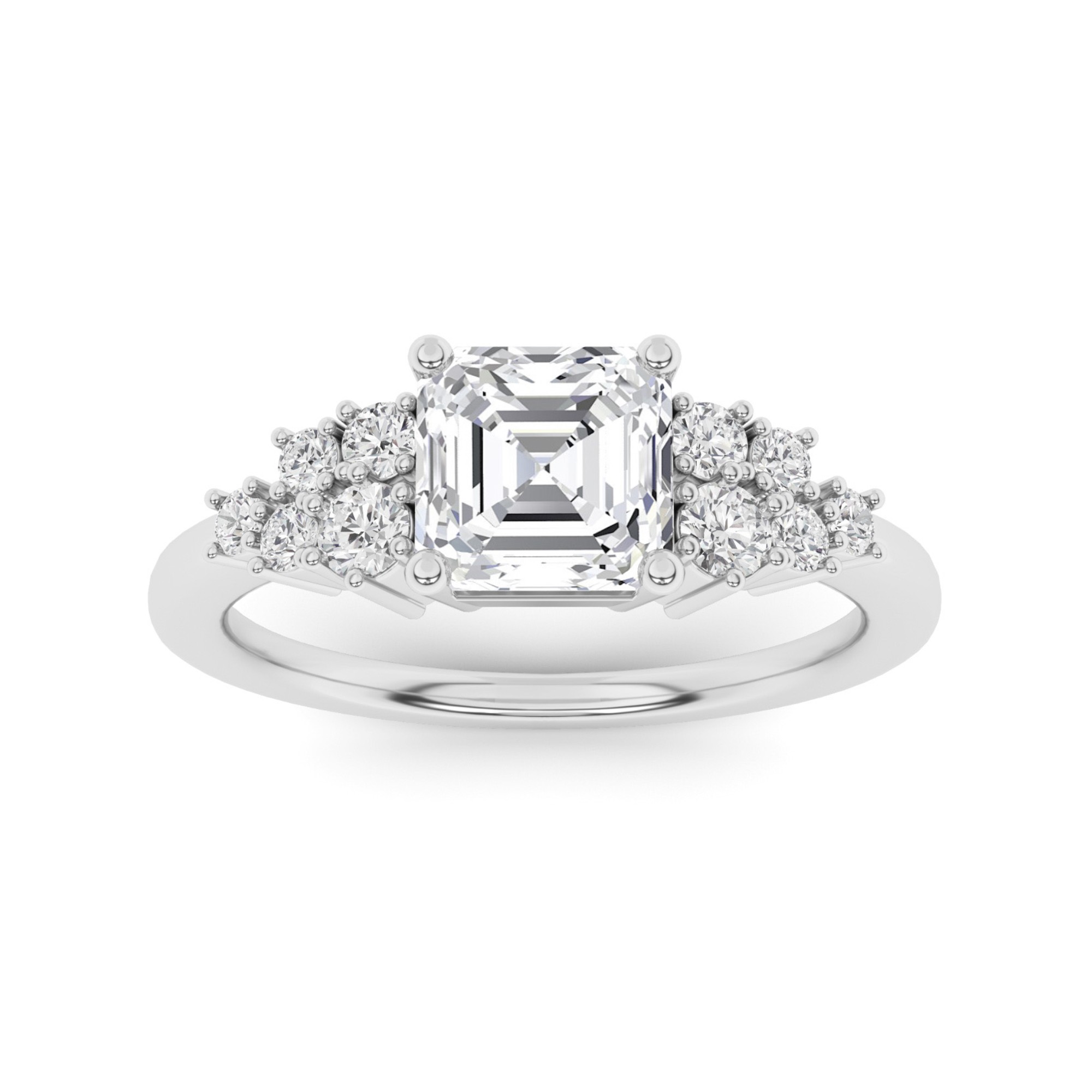 Tapering Multi Stone 6 Prong Round Cut  Three Stone Style Diamond Engagment Ring in 9K White Gold