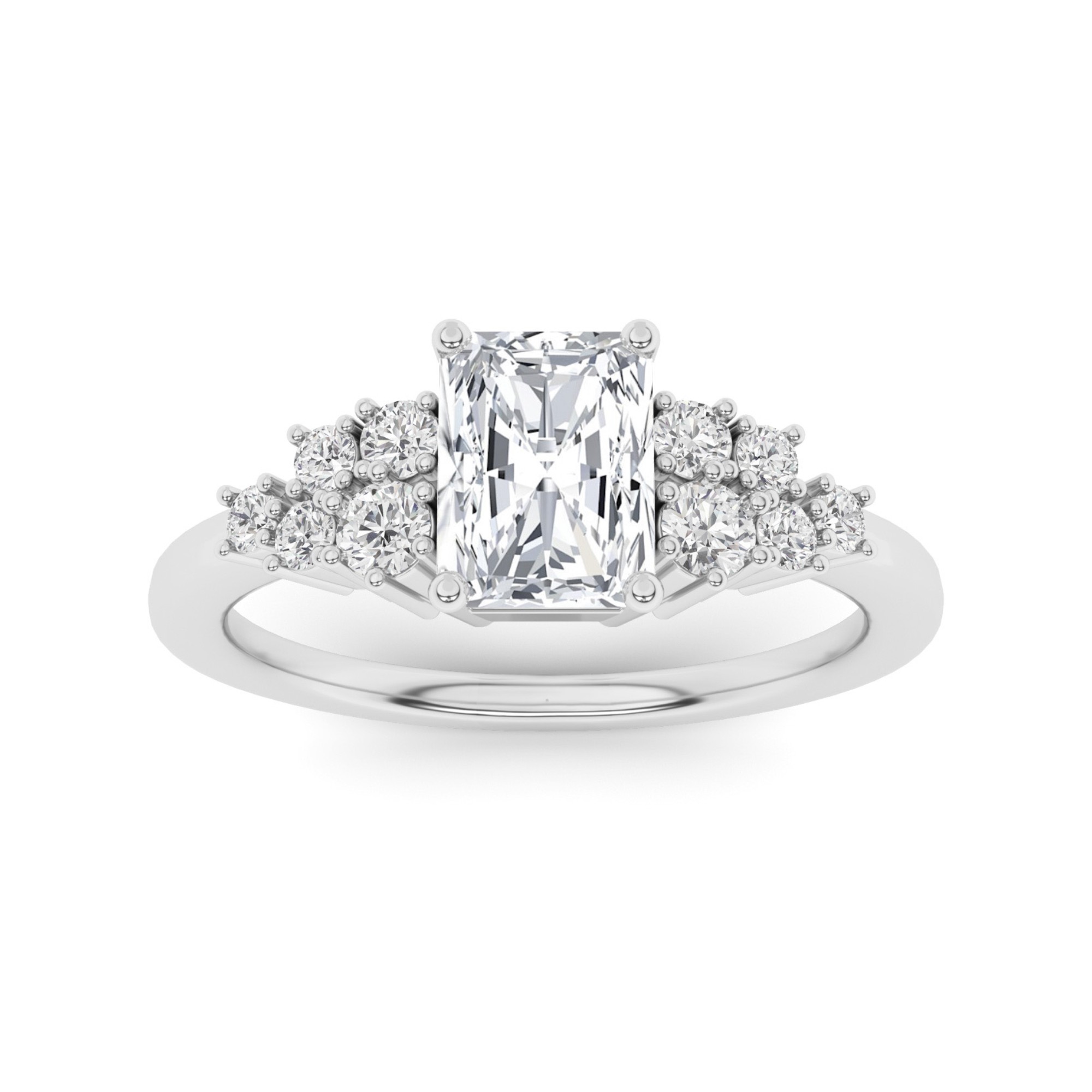 Tapering Multi Stone Prong Set Radiant Cut  Three Stone Style Diamond Engagment Ring in 9K White Gold