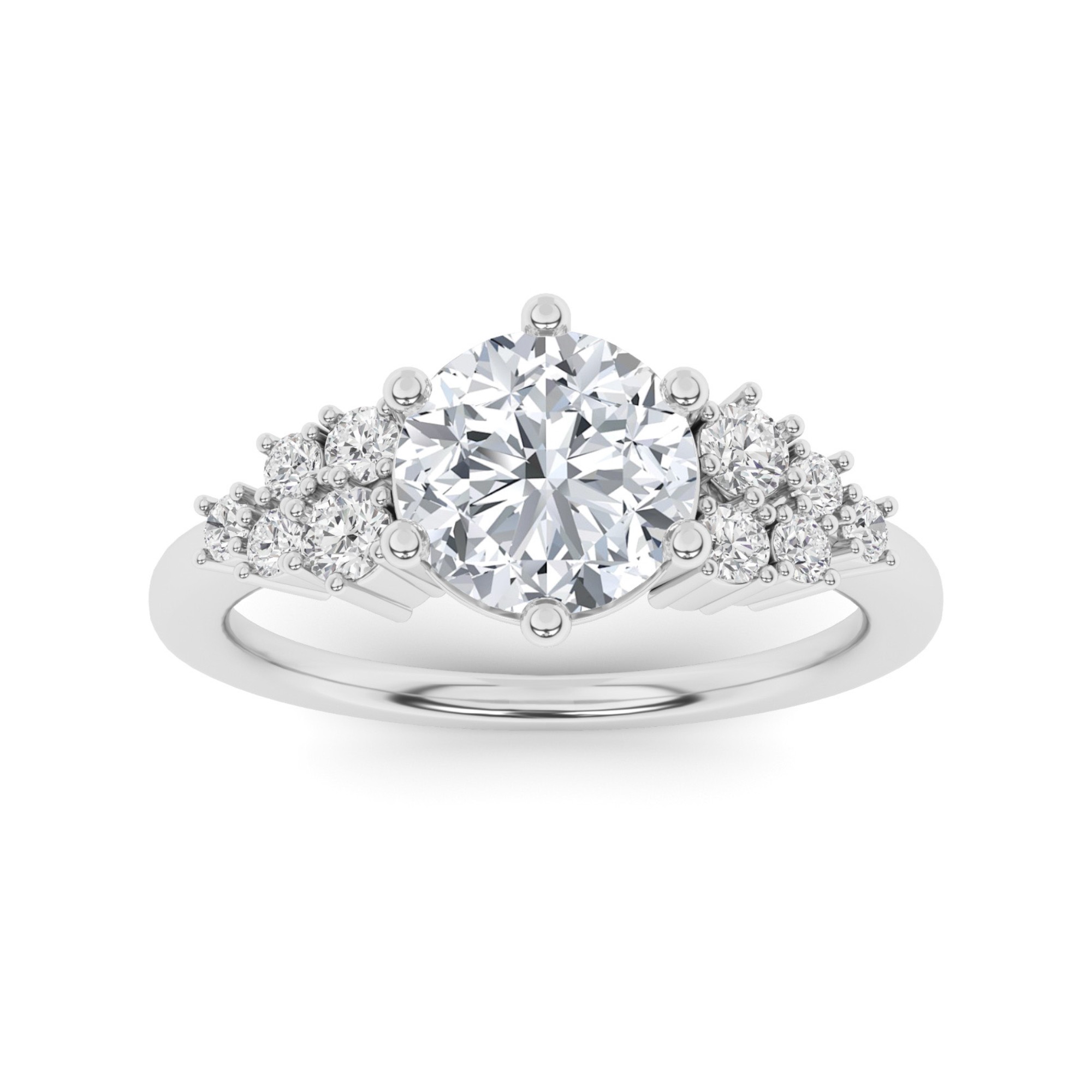 Tapering Multi Stone 6 Prong Round Cut  Three Stone Style Diamond Engagment Ring in 9K White Gold
