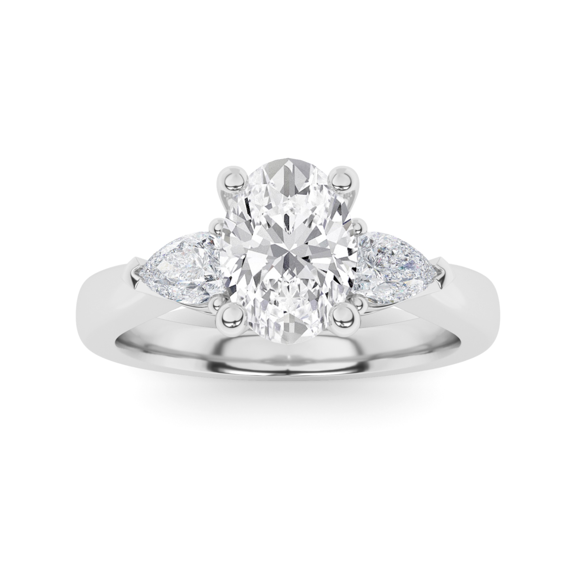 Classic  Prong Set Oval And Pear Cut  Three Stone  Diamond Engagment Ring in 9K White Gold