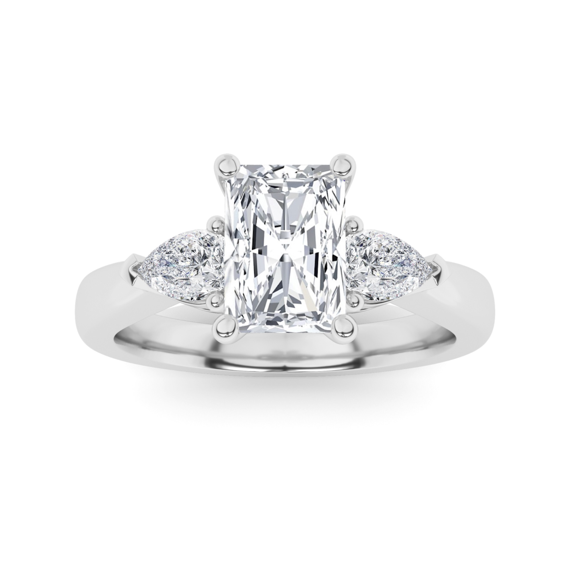 Classic  Prong Set Radiant And Radiant Cut  Three Stone  Diamond Engagment Ring in 9K White Gold