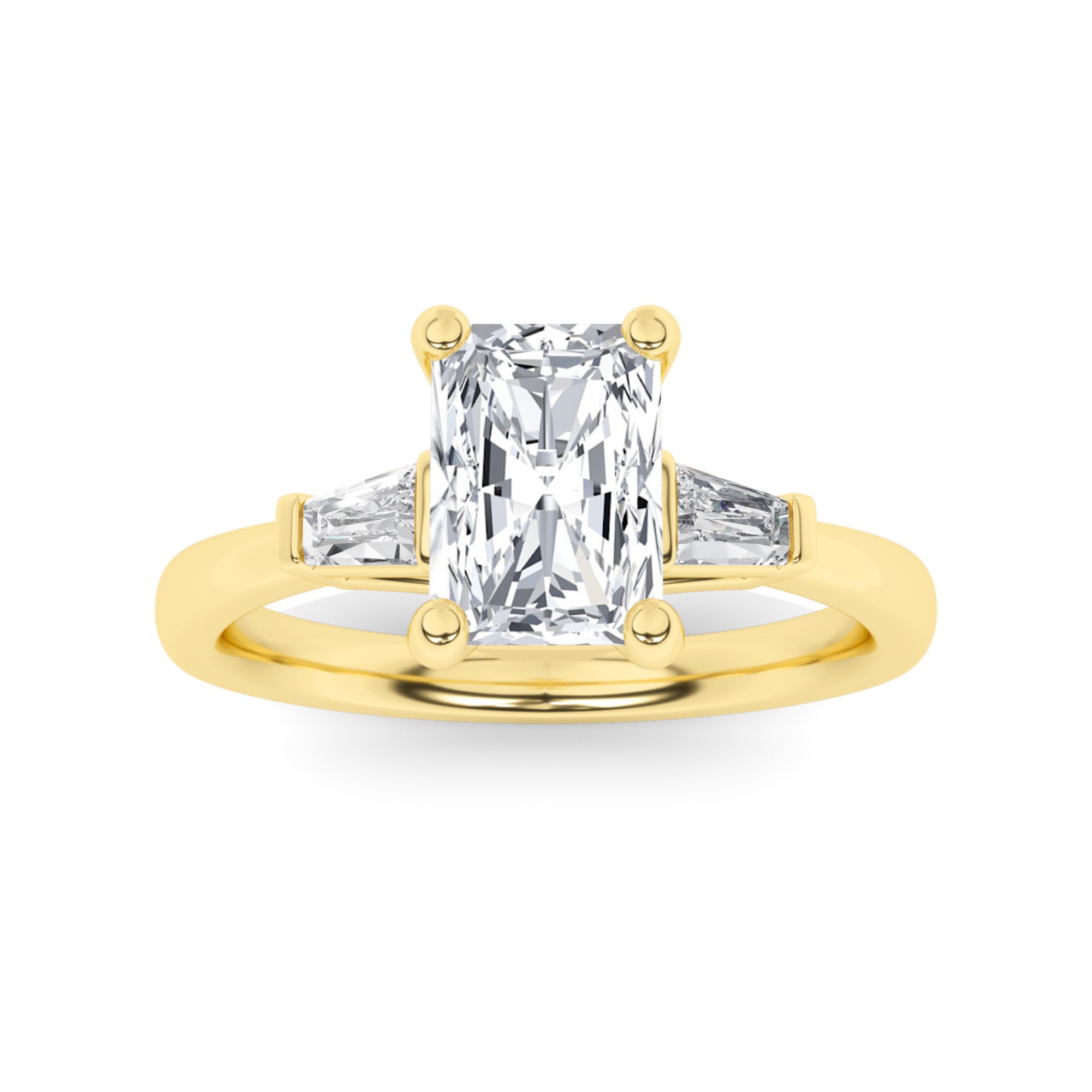 Exquisite Prong Set Radiant And Tapering Baquette Three Stone  Diamond Engagment Ring in 9K Yellow Gold