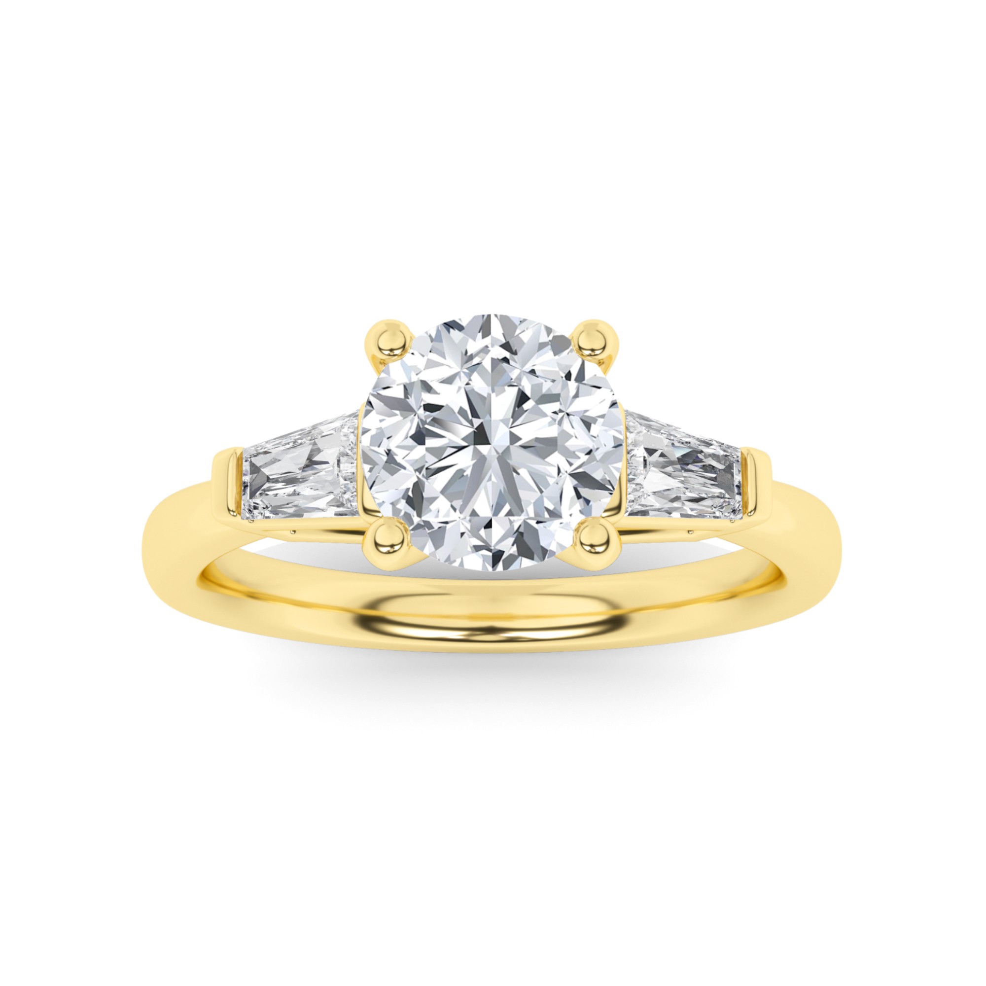 Exquisite 4 Prong Round And Tapering Baquette Three Stone  Diamond Engagment Ring in 9K Yellow Gold