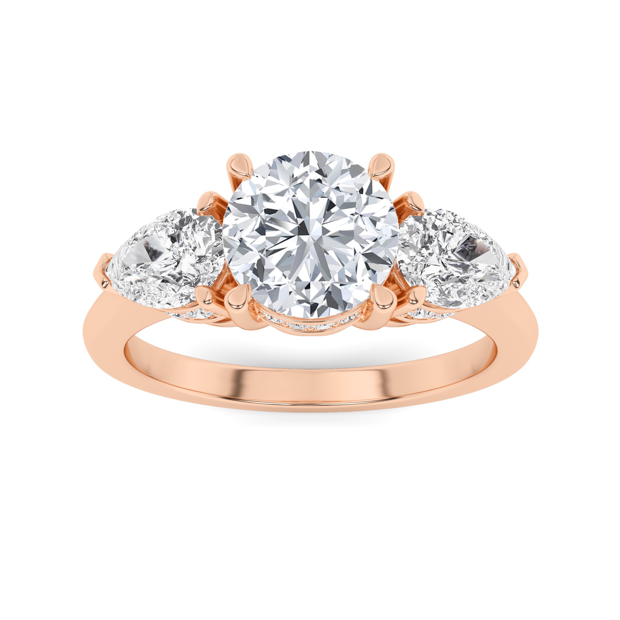 Designer Ring with Side Diamond Round and Pear Cut Three Stone Diamond Engagment Ring in 9K White Gold