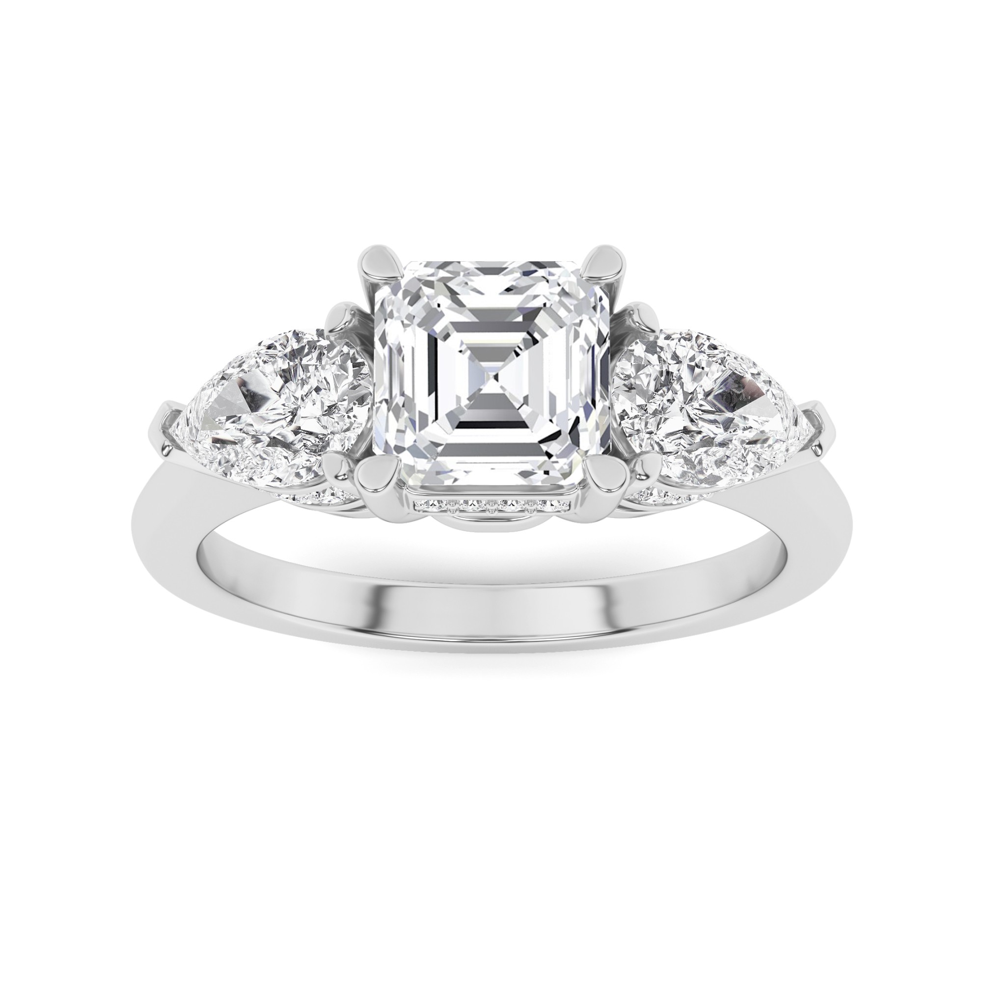 Designer Ring with Side Diamond Round and Pear Cut Three Stone Diamond Engagment Ring in 9K White Gold