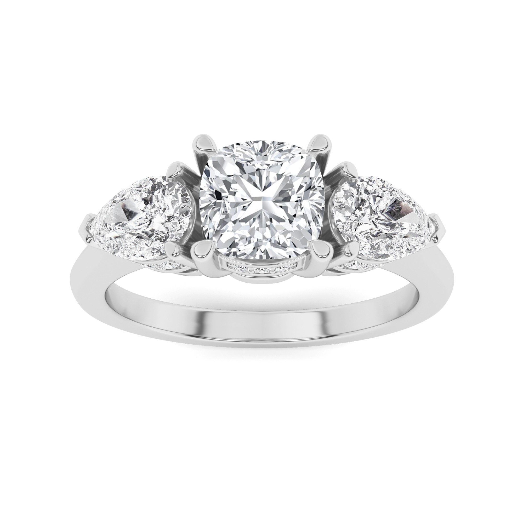 Designer Ring with Side Diamond Round and Pear Cut Three Stone Diamond Engagment Ring in 9K White Gold