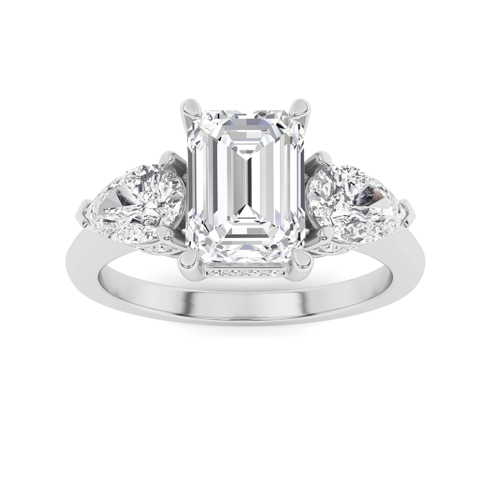 Designer Ring with Side Diamond Round and Pear Cut Three Stone Diamond Engagment Ring in 9K White Gold