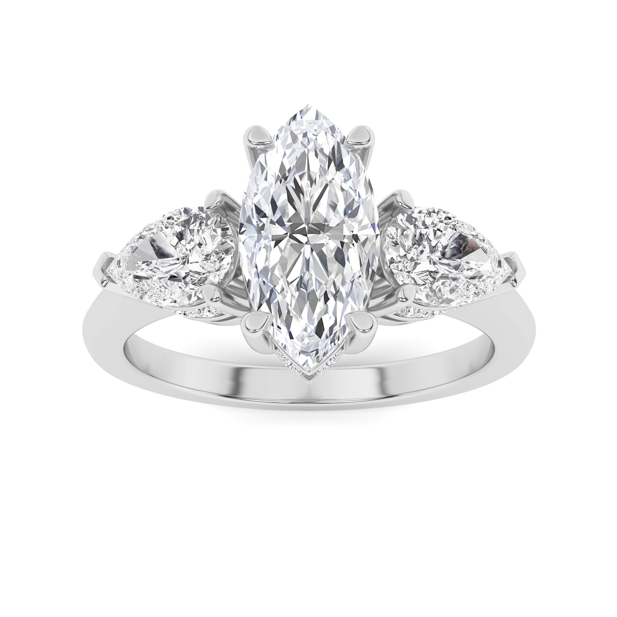Designer Ring with Side Diamond Round and Pear Cut Three Stone Diamond Engagment Ring in 9K White Gold