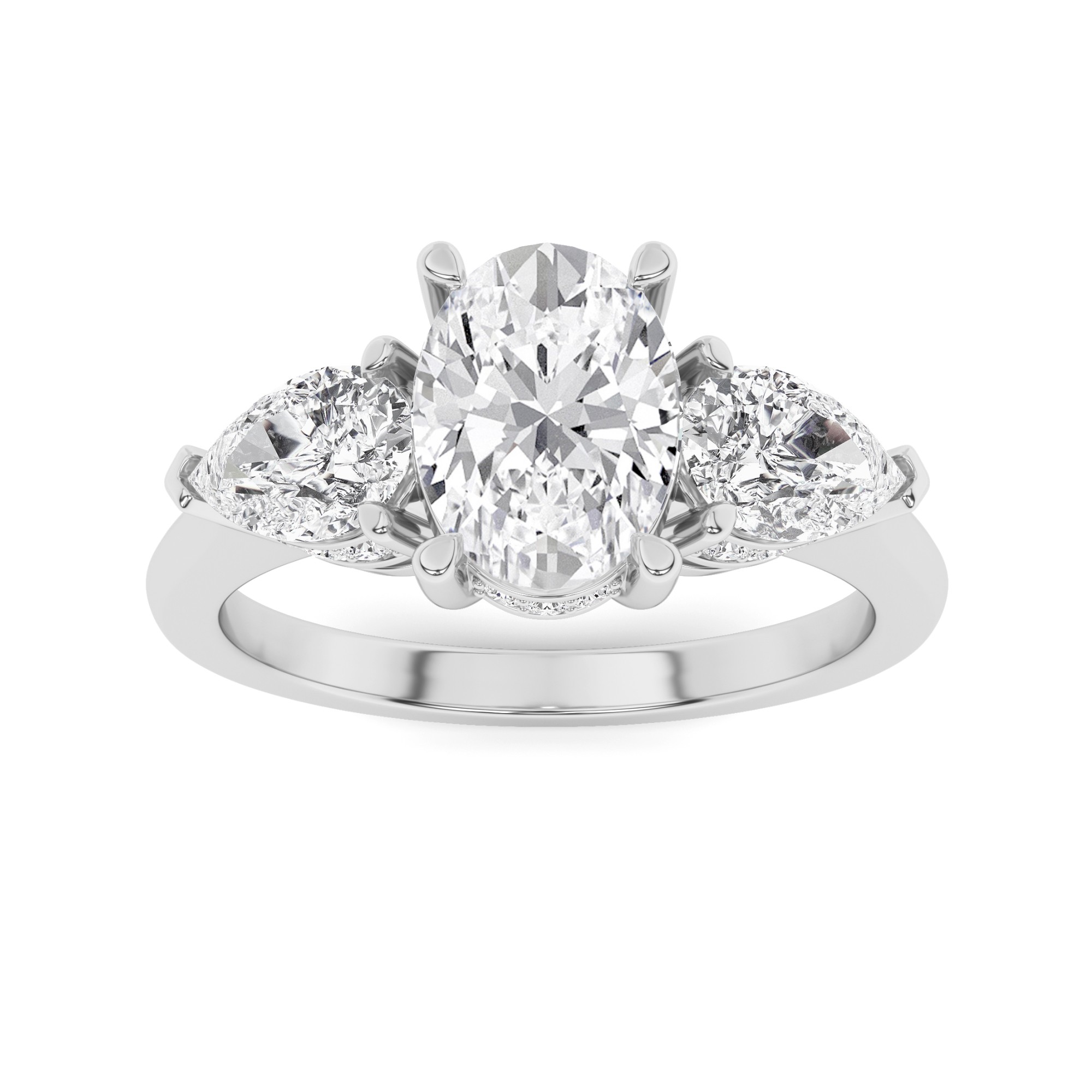 Designer Ring with Side Diamond Round and Pear Cut Three Stone Diamond Engagment Ring in 9K White Gold