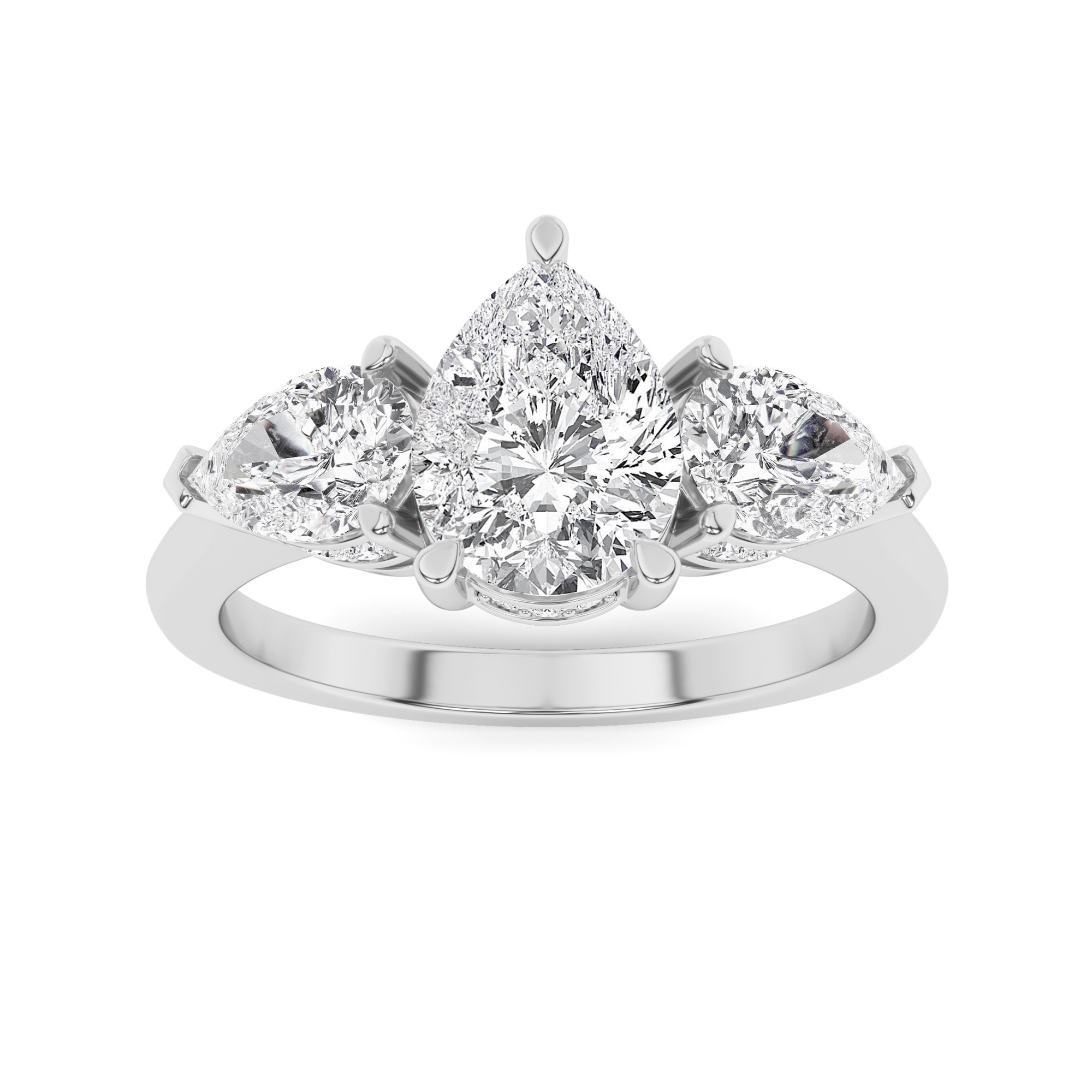 Designer Ring with Side Diamond Round and Pear Cut Three Stone Diamond Engagment Ring in 9K White Gold