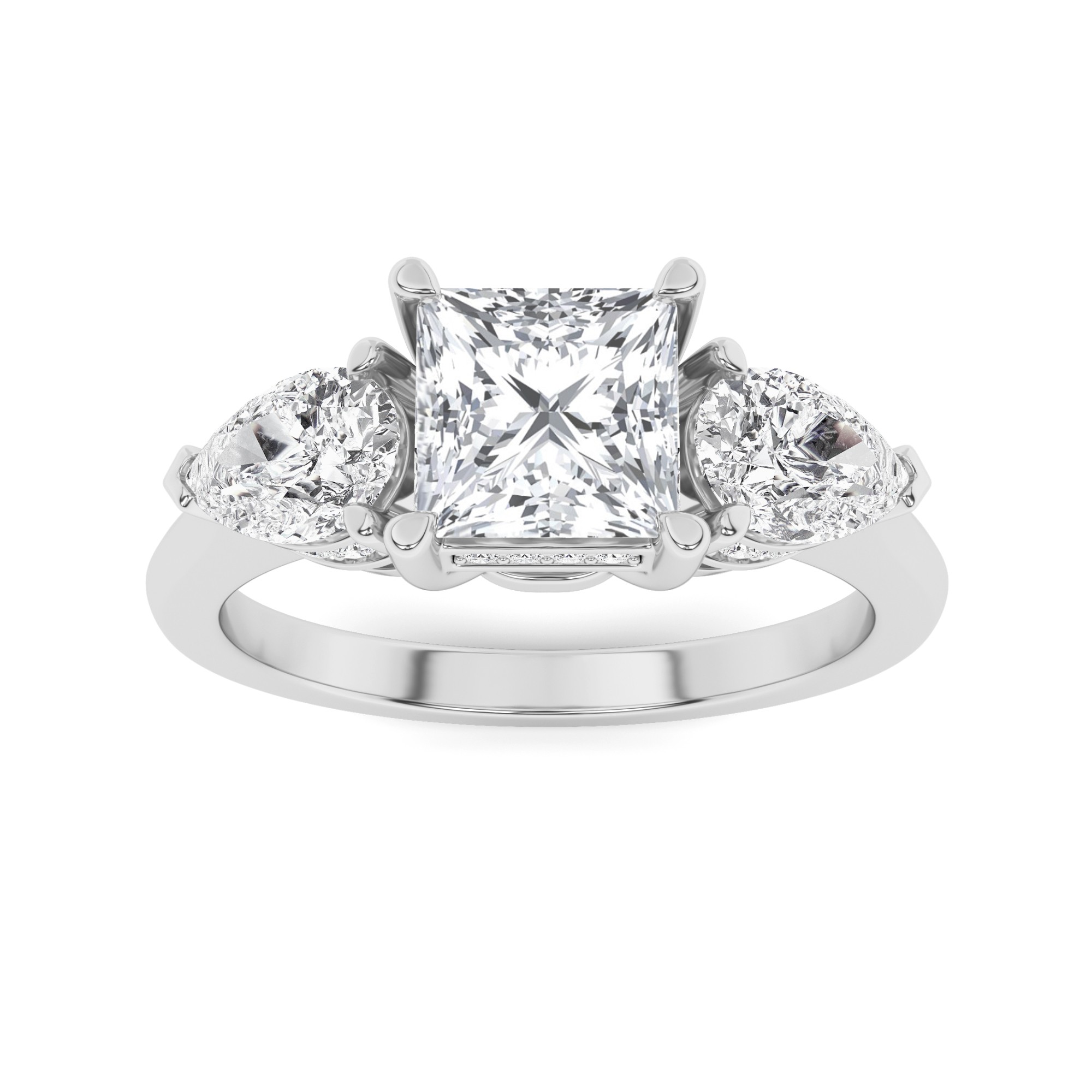 Designer Ring with Side Diamond Round and Pear Cut Three Stone Diamond Engagment Ring in 9K White Gold