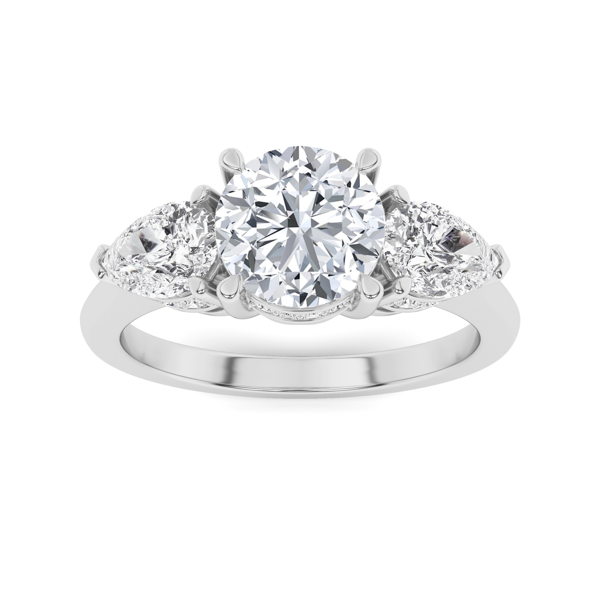 Designer Ring with Side Diamond Round and Pear Cut Three Stone Diamond Engagment Ring in 9K White Gold