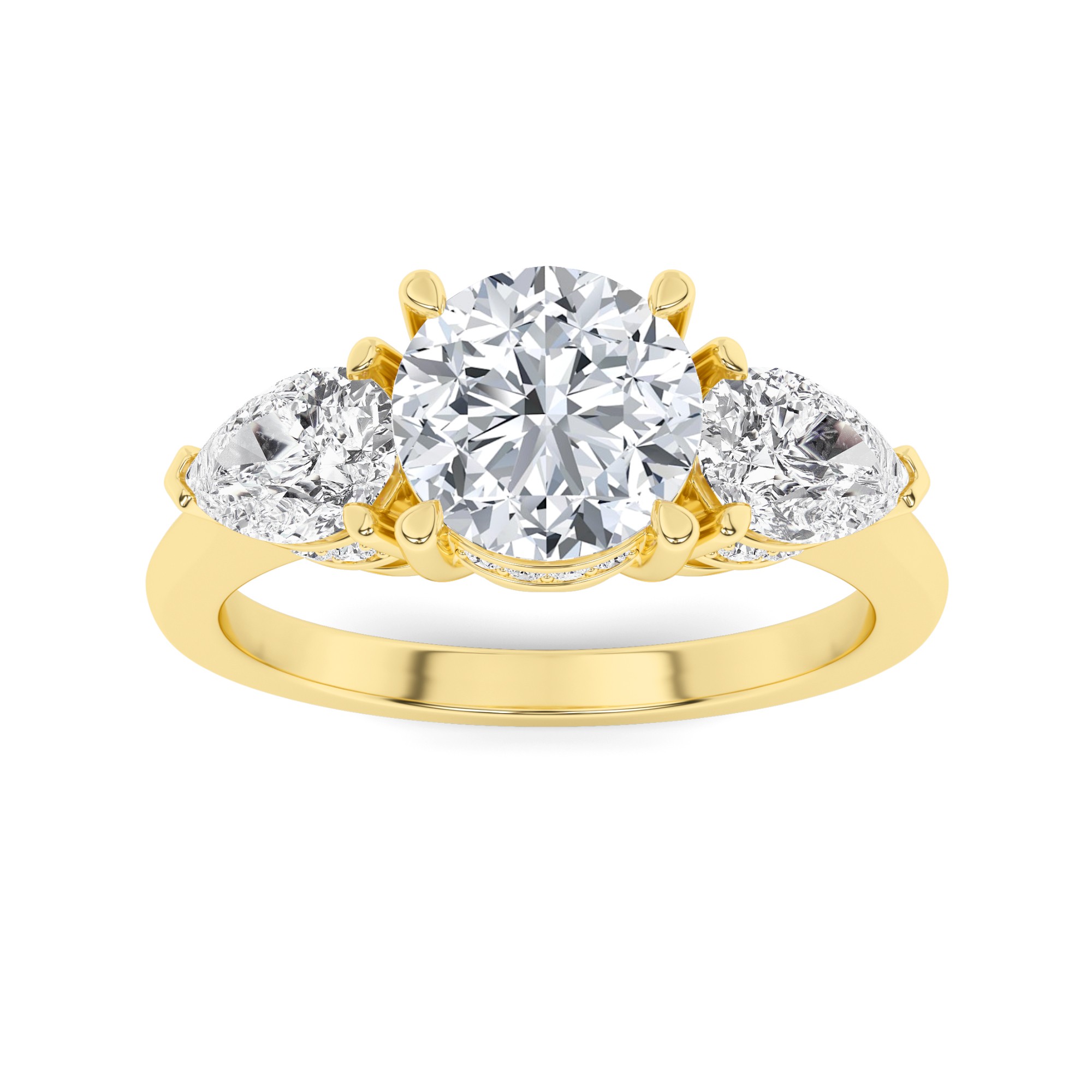 Designer Ring with Side Diamond Round and Pear Cut Three Stone Diamond Engagment Ring in 9K White Gold