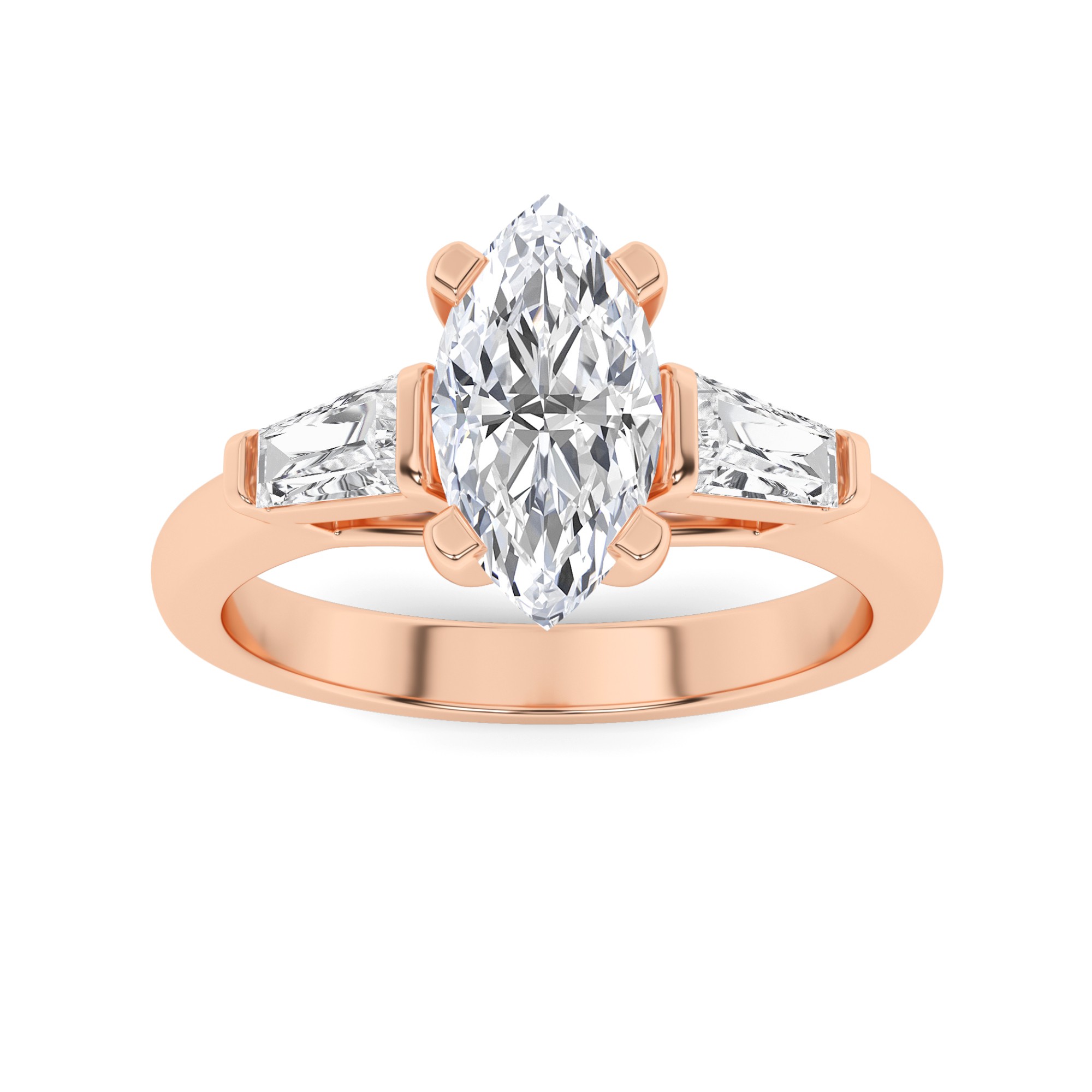 Classic  Prong Set Round and Pear Cut  Three Stone  Diamond Engagment Ring in 9K Rose Gold