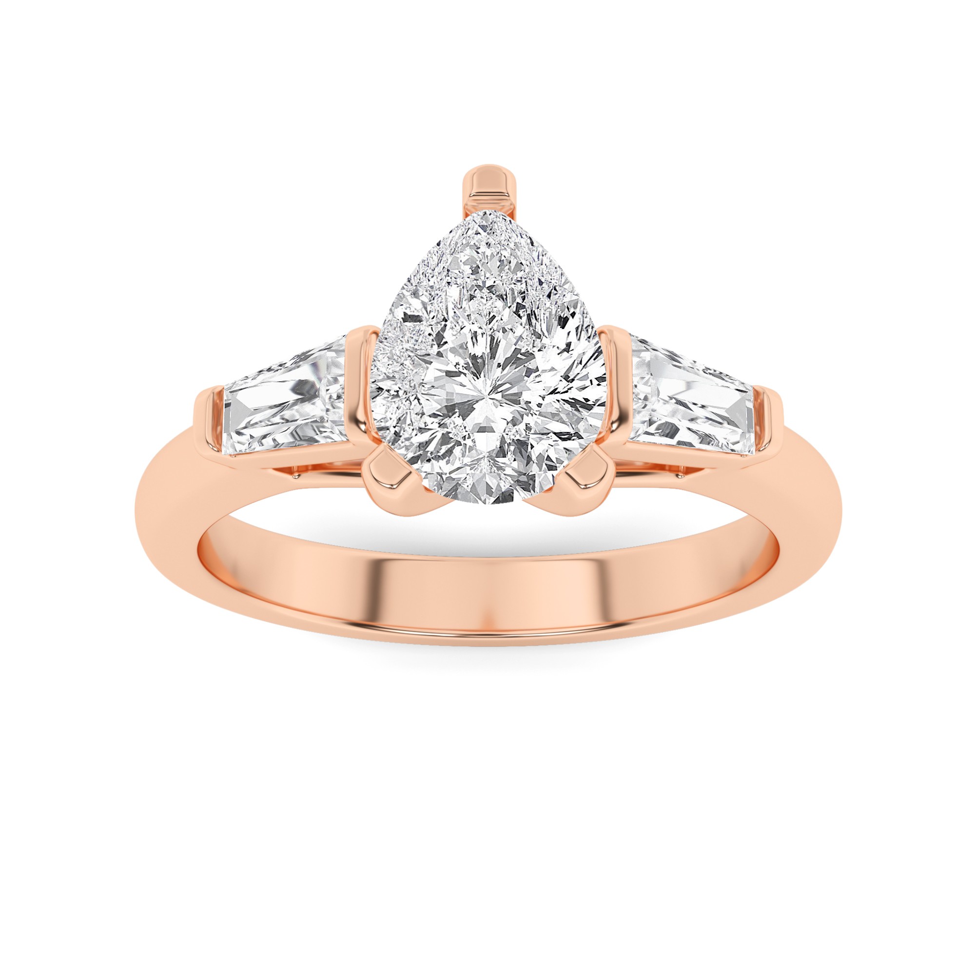 Classic  Prong Set Round and Pear Cut  Three Stone  Diamond Engagment Ring in 9K Rose Gold