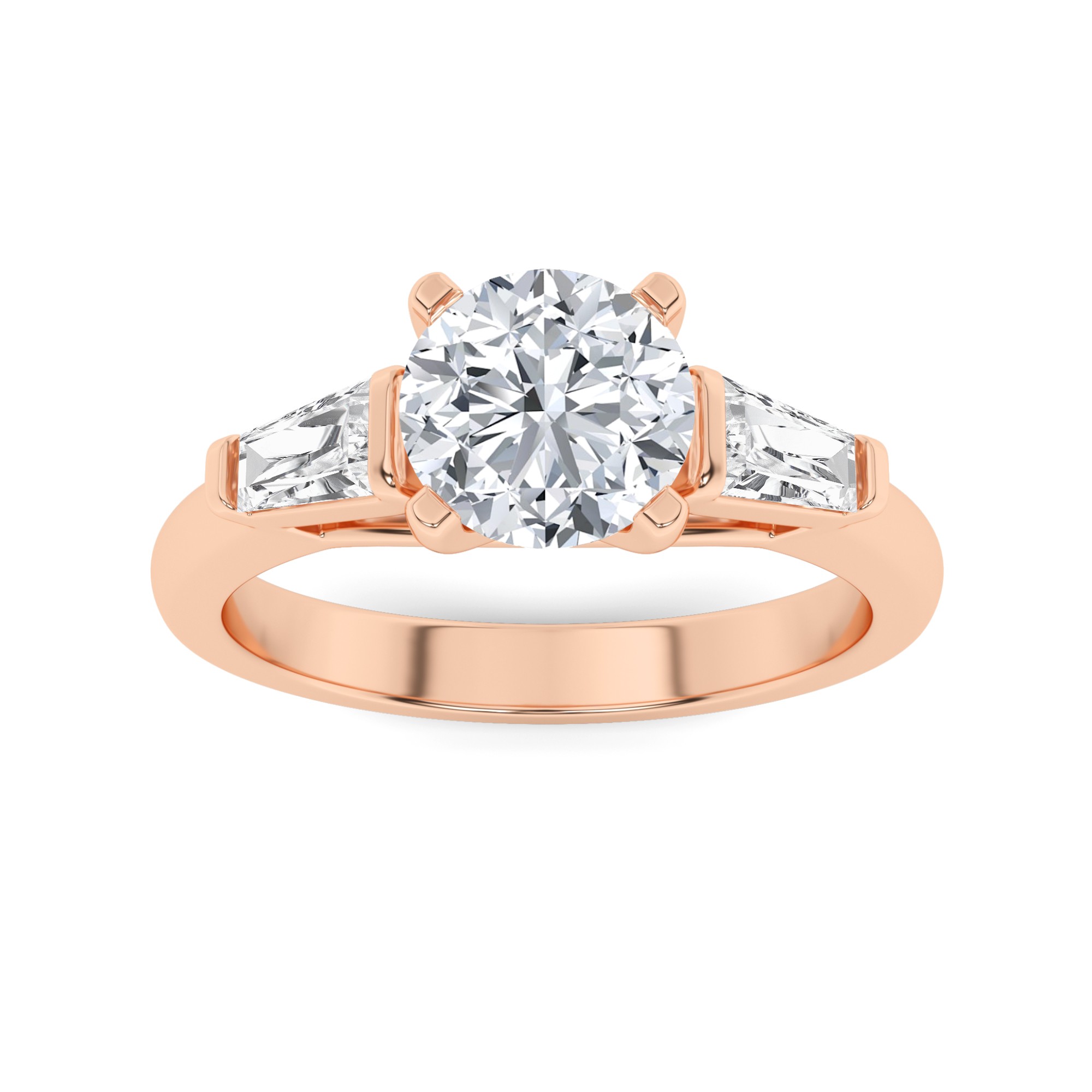 Classic  Prong Set Round and Pear Cut  Three Stone  Diamond Engagment Ring in 9K Rose Gold