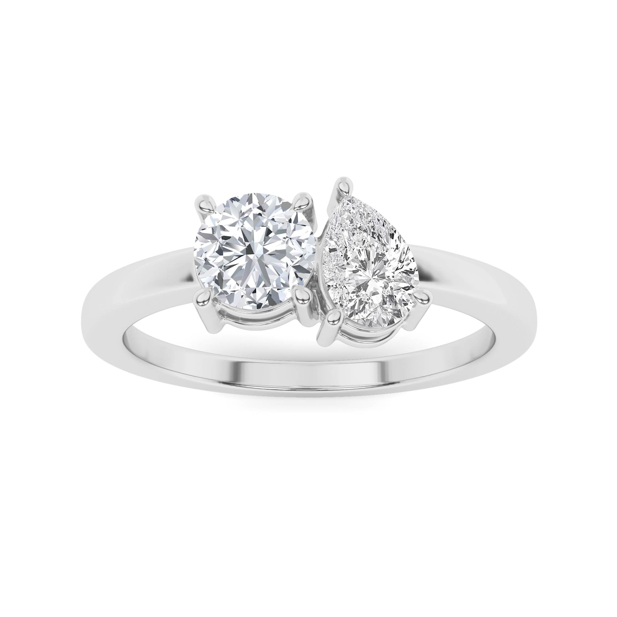 Toi Et Moi Style Round And Pear Cut Diamond Engagement Ring in 9K White Gold