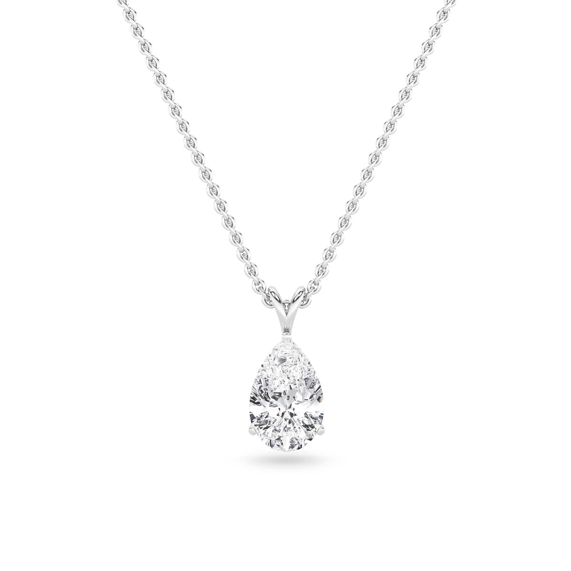 Classic Split Bale  4 Prong Pear Cut Lab Grown Diamond Solitaire Pendant Necklaces in 9K White Gold