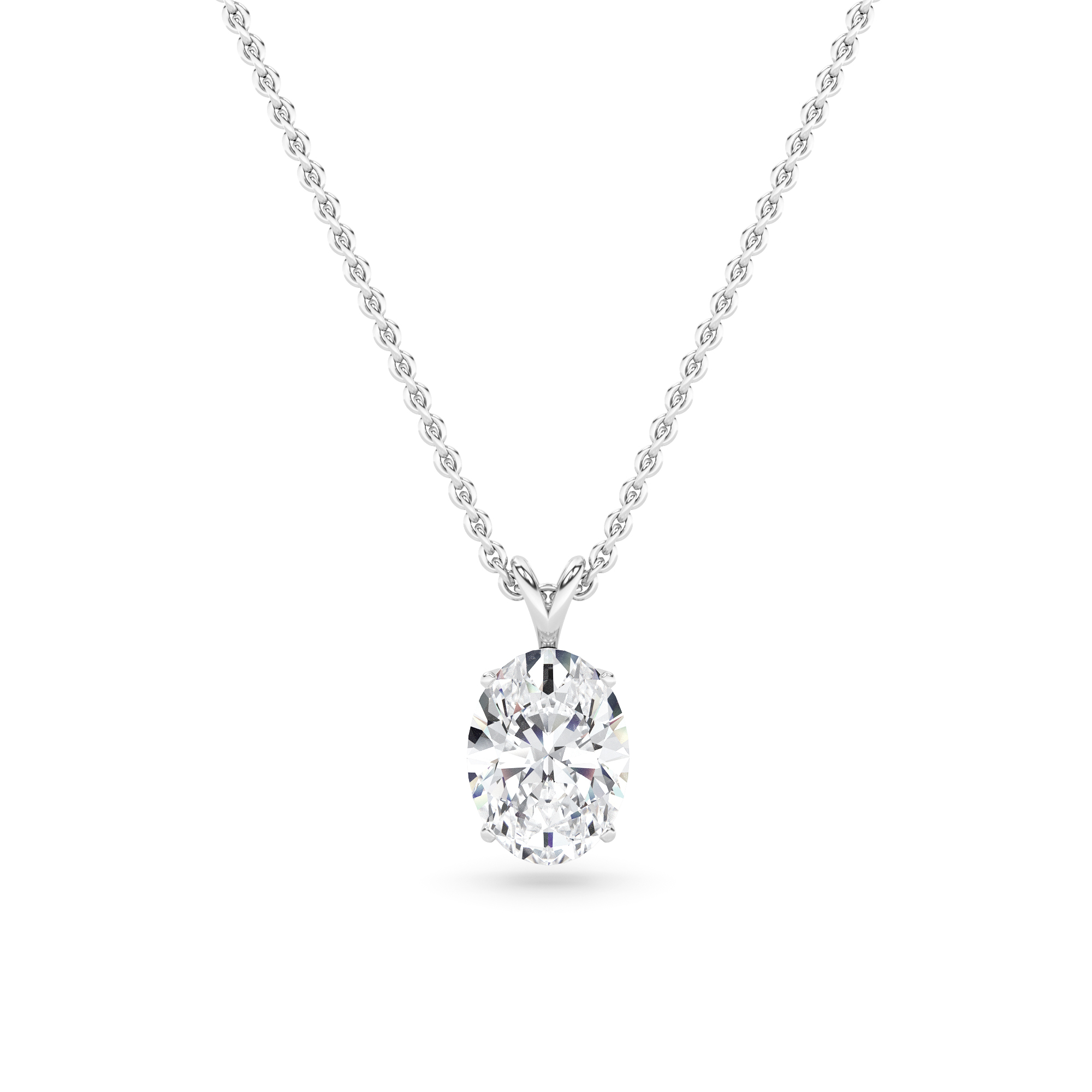 Classic Split Bale  4 Prong Oval Cut Lab Grown Diamond Solitaire Pendant Necklaces in 9K White Gold