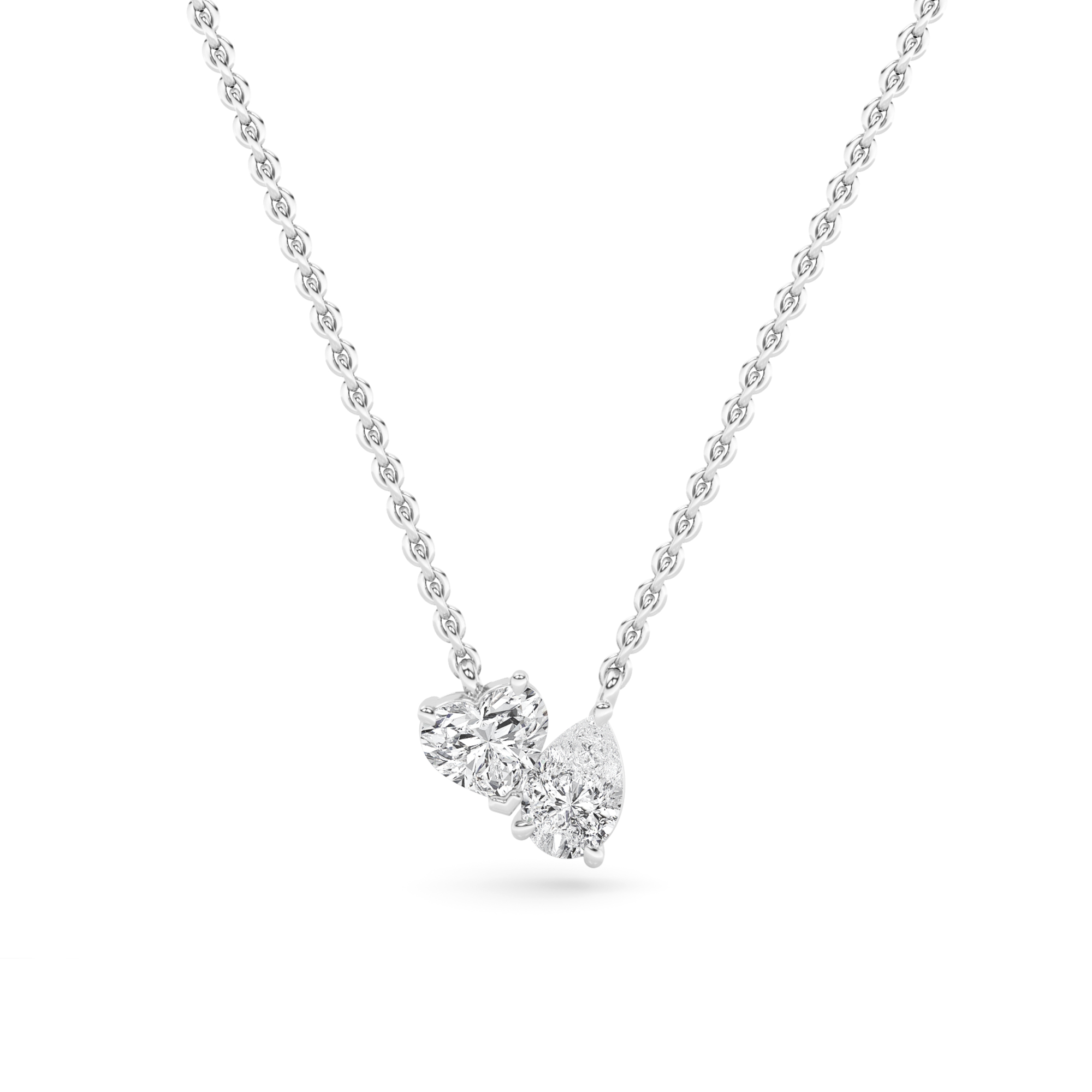 Toi Et Moi Style Prong Set Pear and Heart Cut Lab Grown Diamond Solitaire Pendant Necklaces in 9K White Gold