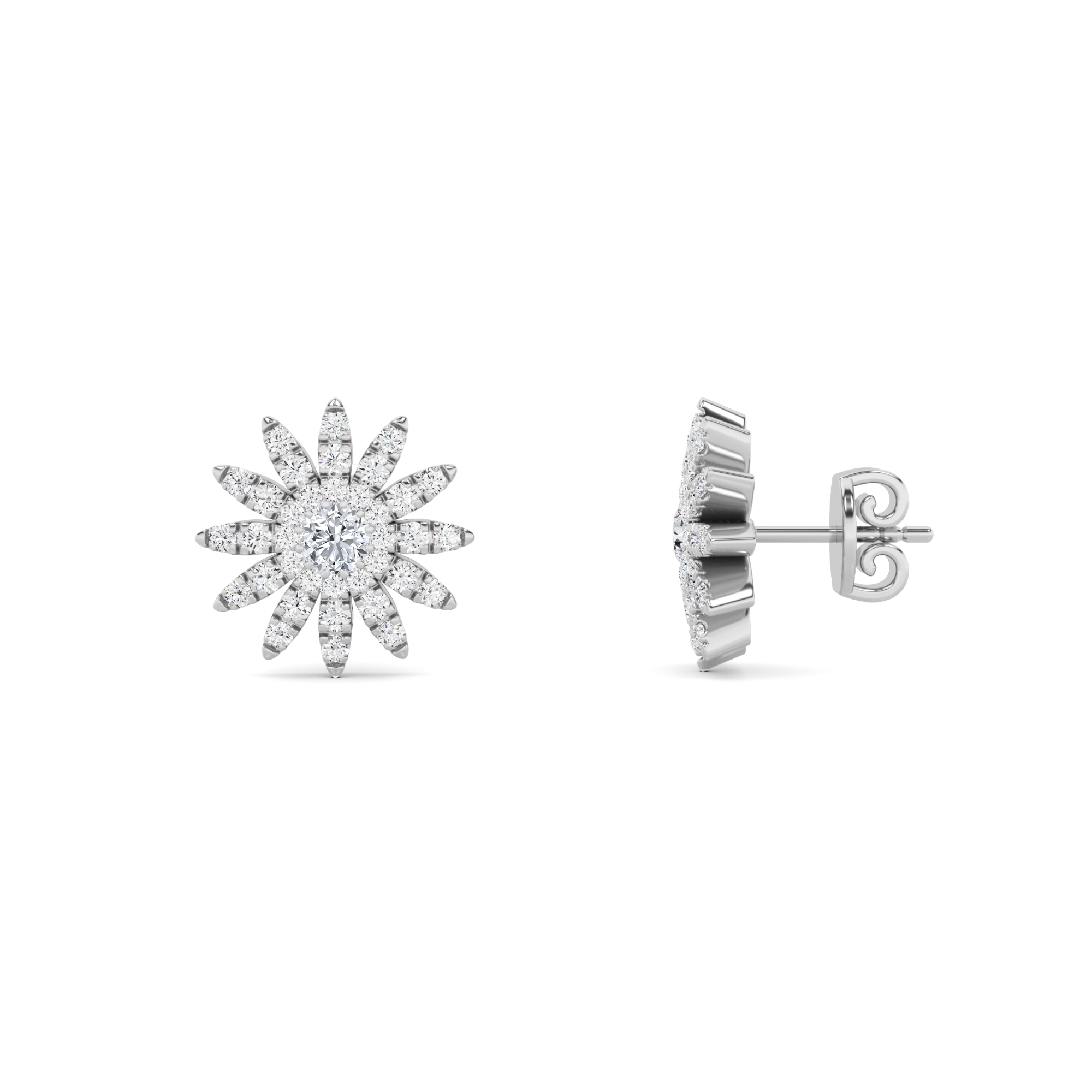 Beautifull 4 Prong Round Cut Flower Designer Earring In 9K White Gold