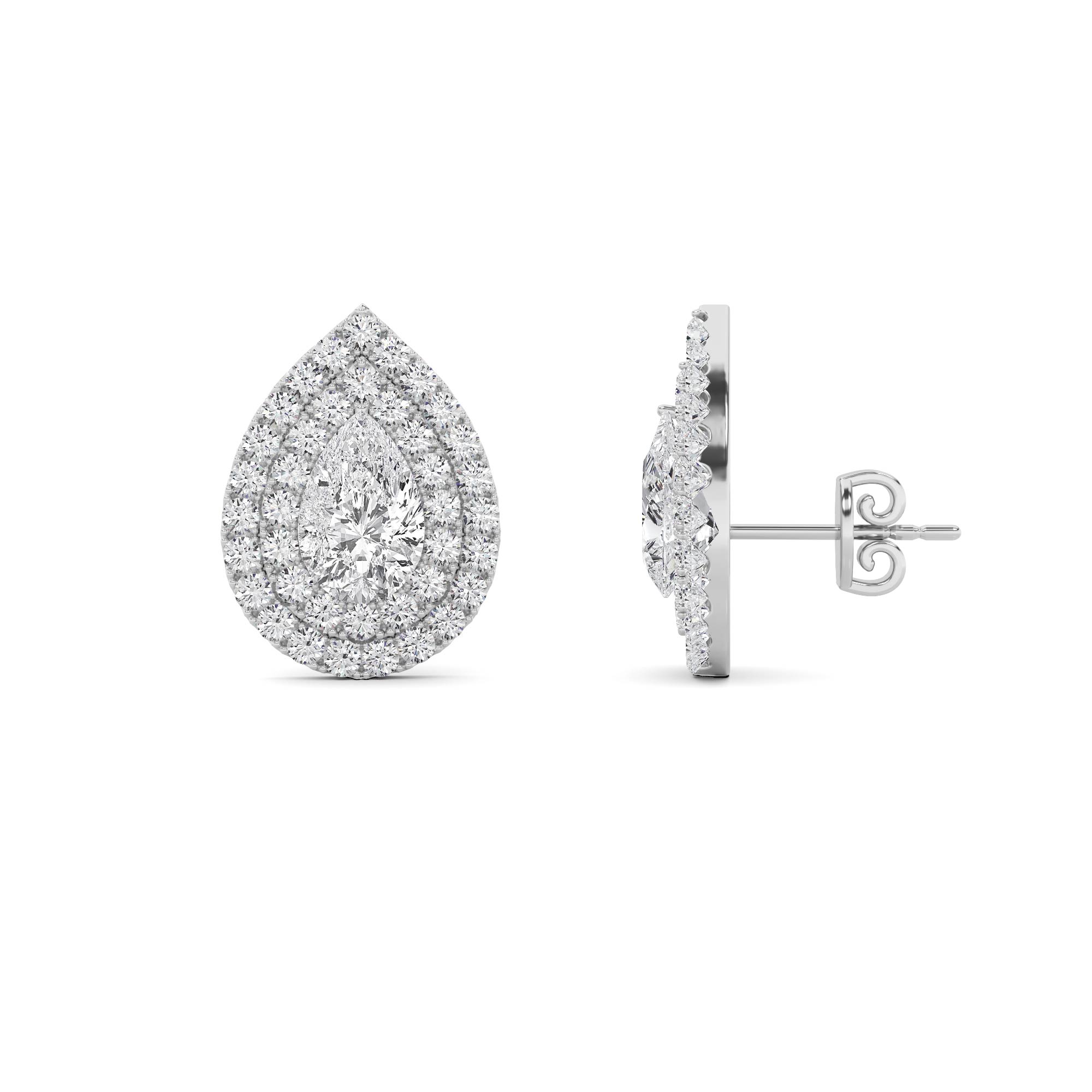 Double Halo  4 prong Round Cut Stud Push Back Earring in 9K White Gold Dazzling Diamond Earrings