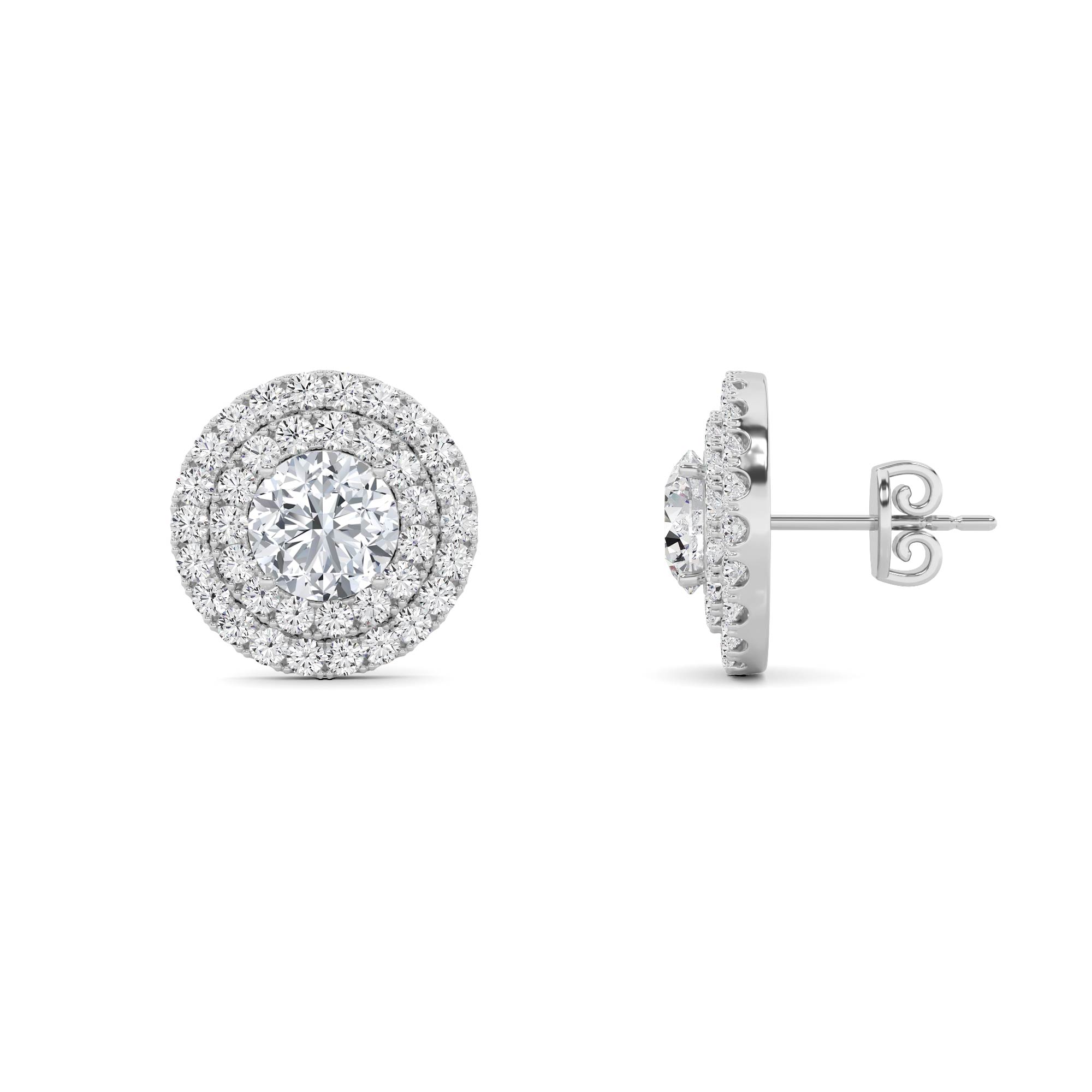 Double Halo  4 prong Round Cut Stud Push Back Earring in 9K White Gold Dazzling Diamond Earrings