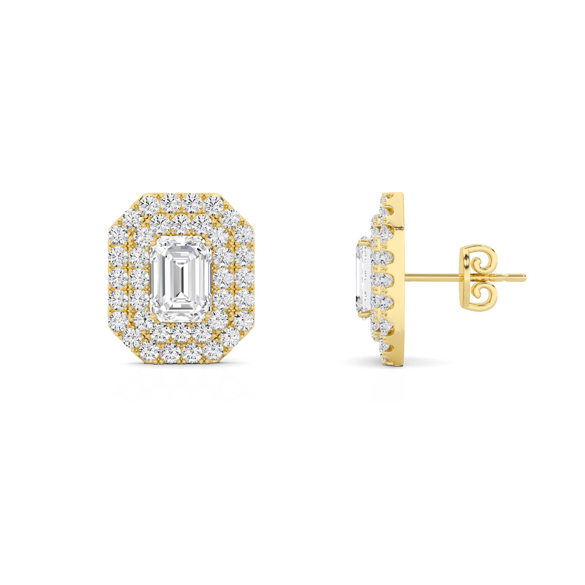 Dazzling Double Halo  4 prong Emerald Cut Diamond Stud Push Back Earring in 9K Yellow Gold