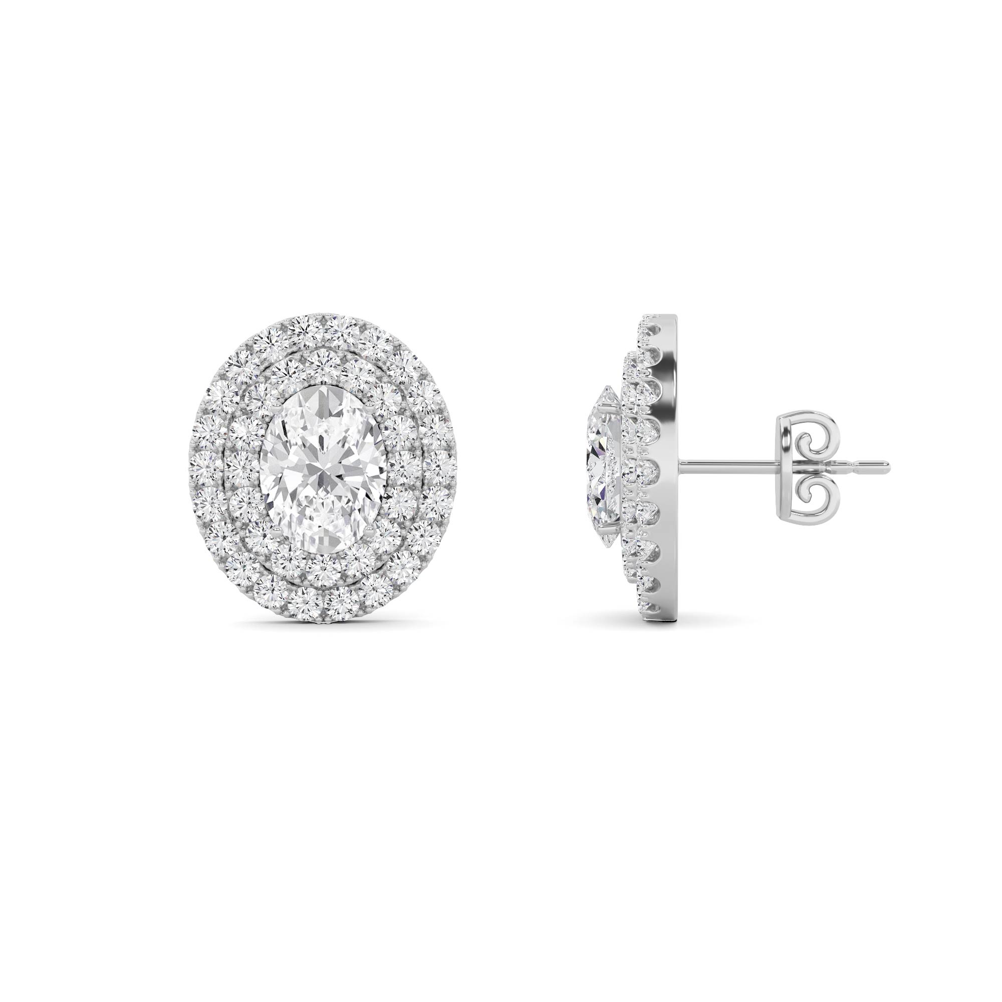 Dazzling Double Halo  4 prong Oval Cut Diamond Stud Push Back Earring in 9K White Gold