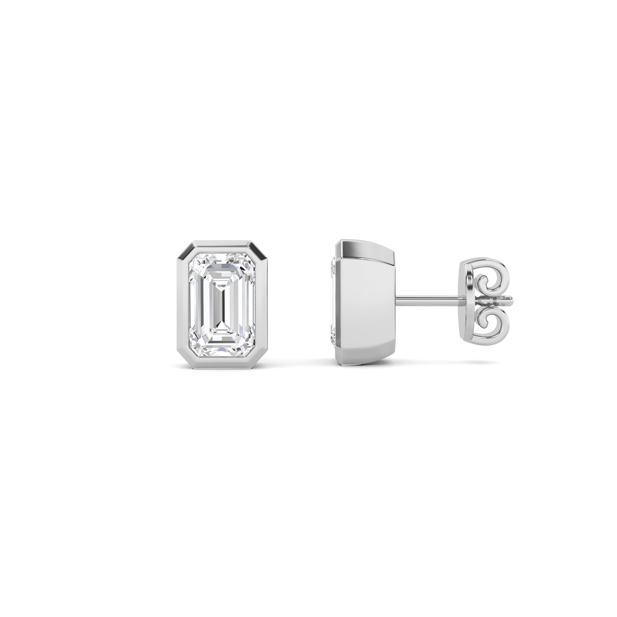 Classic High Bezel Set Emerald Cut Diamond Stud Earring
