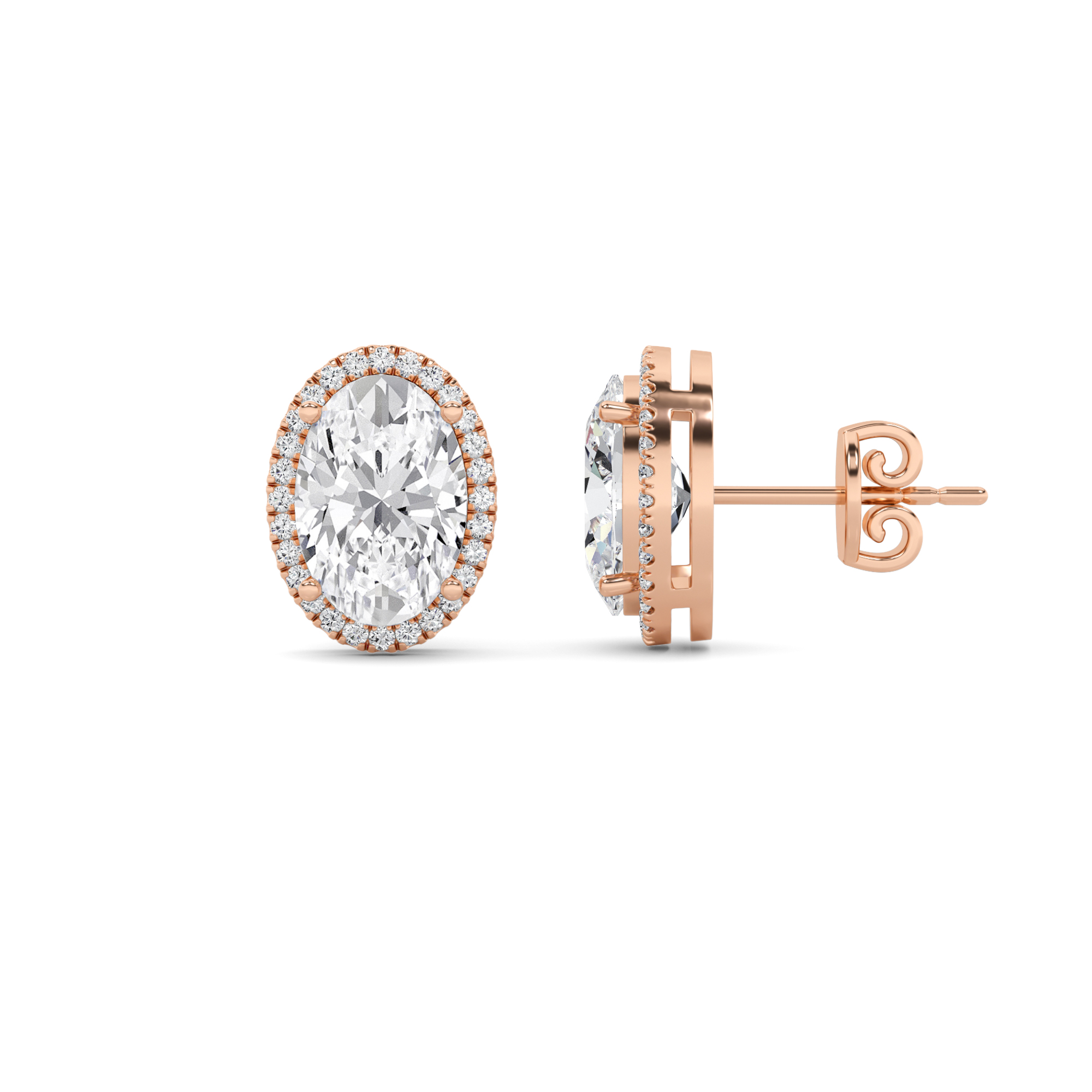 Basket Style  Oval Cut Halo Earring in 9K Rose Gold Classic Diamond Earrings