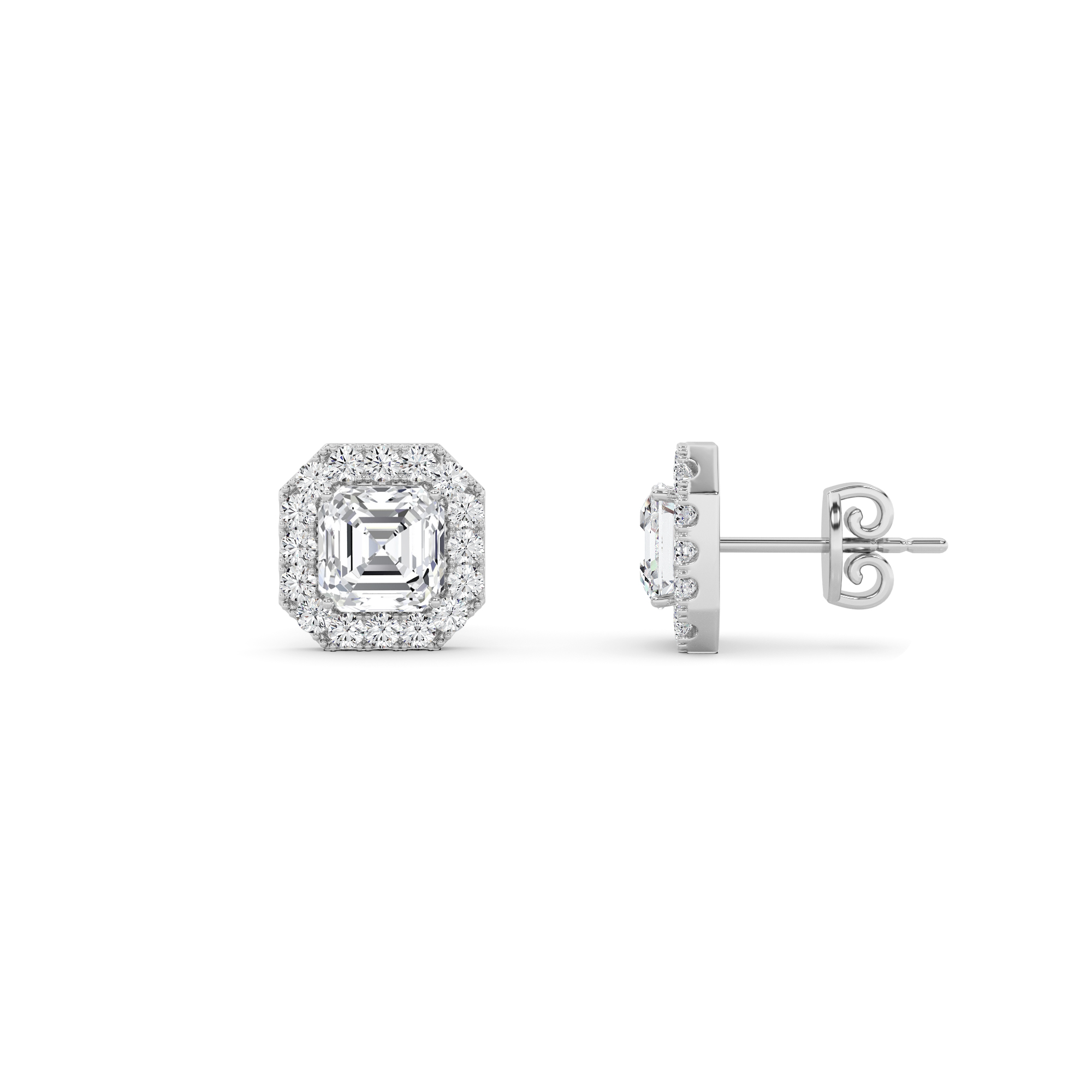 Modern Style Asscher Cut Diamond Halo Earring in 9K White Gold