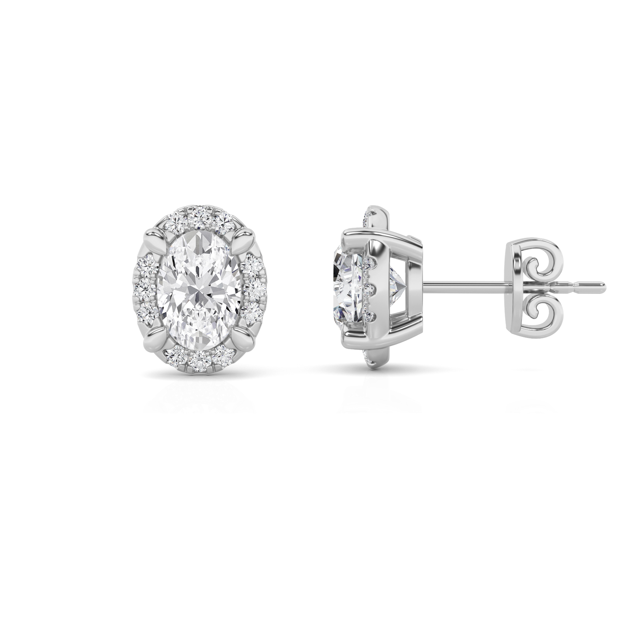 Classic Basket Style Oval Cut Diamond Halo Earring in 9K White Gold