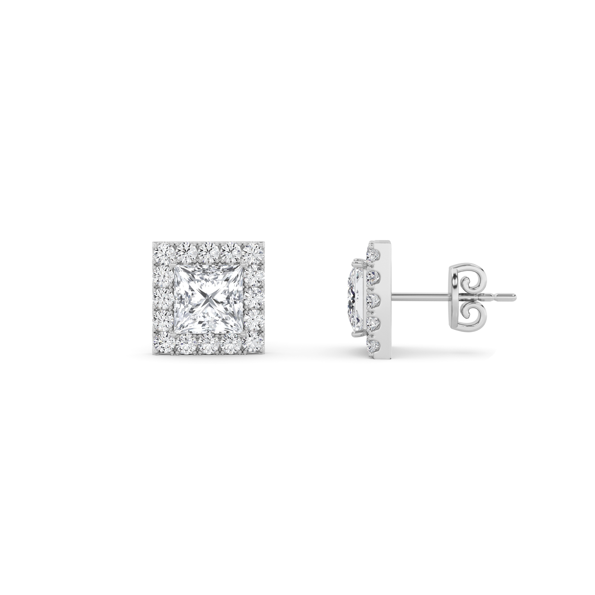 Modern Style Princess Cut Diamond Halo Earring in 9K White Gold
