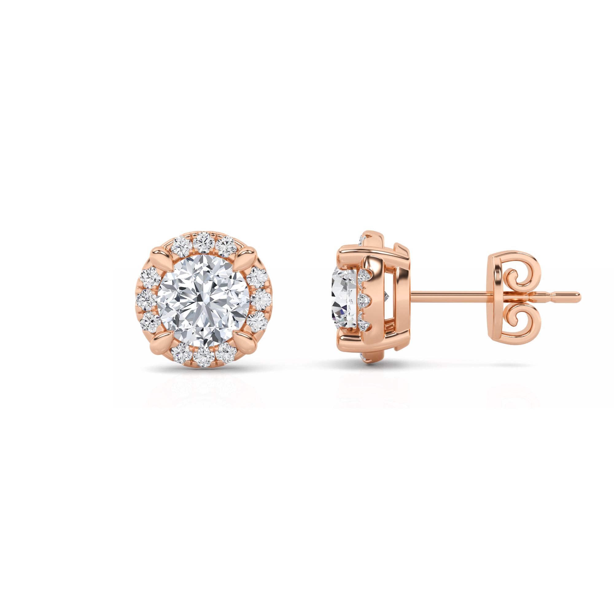 Classic Basket Style  Round Cut Diamond Halo Earring in 9K Rose Gold