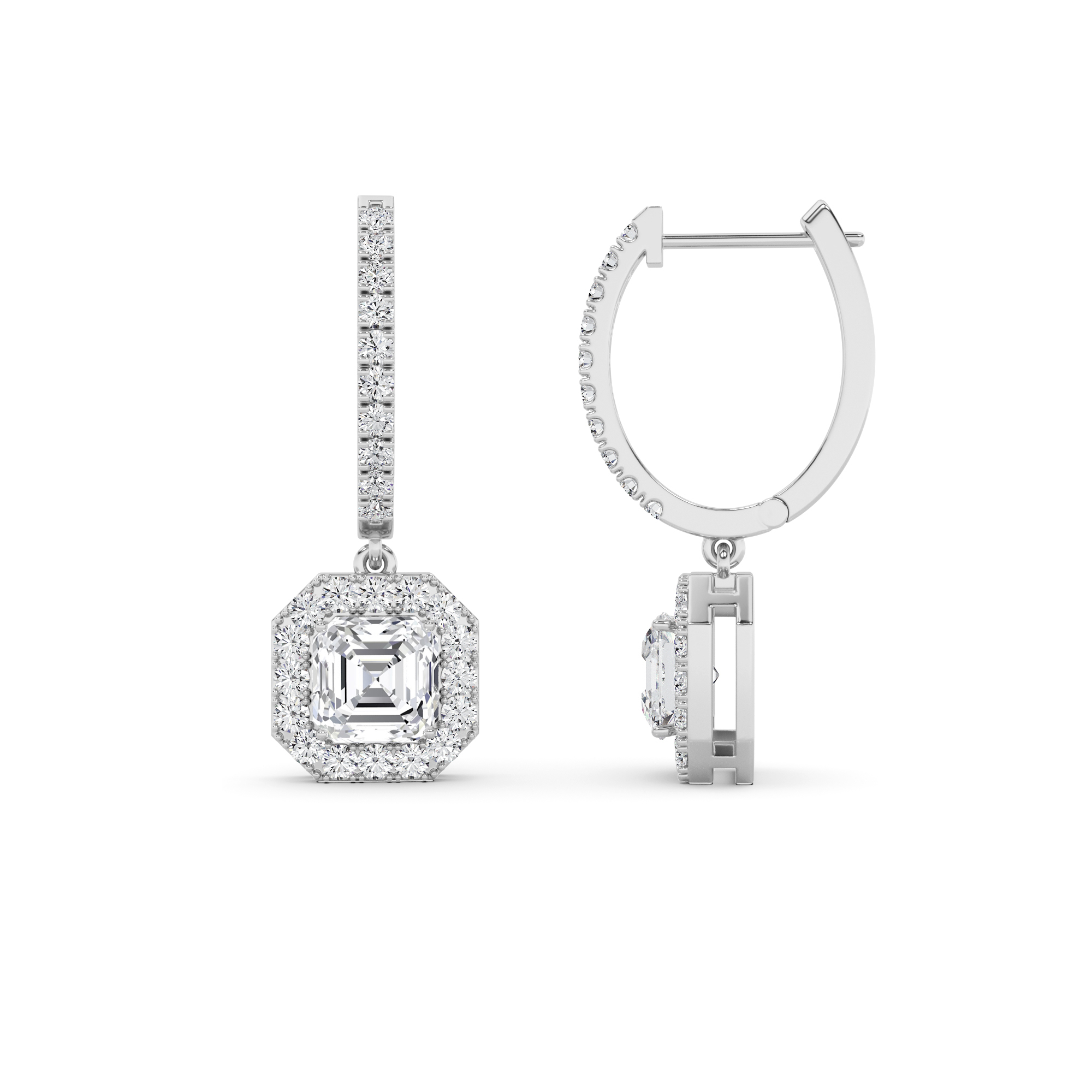 Modern Drop Halo Asscher Cut Diamond Hoop Earring in 9K White Gold