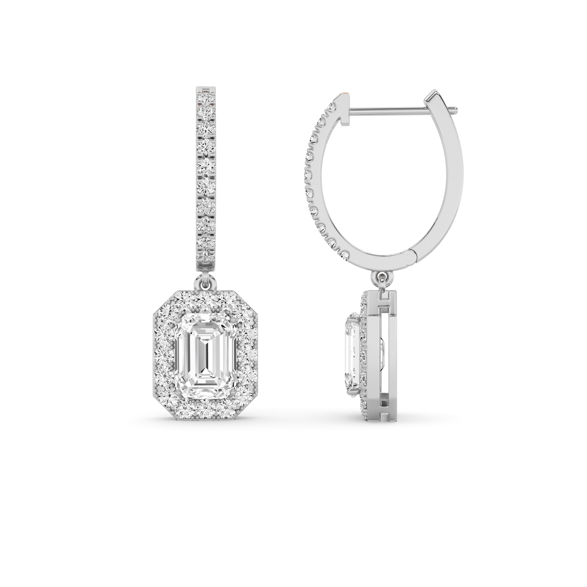 Modern Drop Halo Emerald Cut Diamond Hoop Earring in 9K White Gold