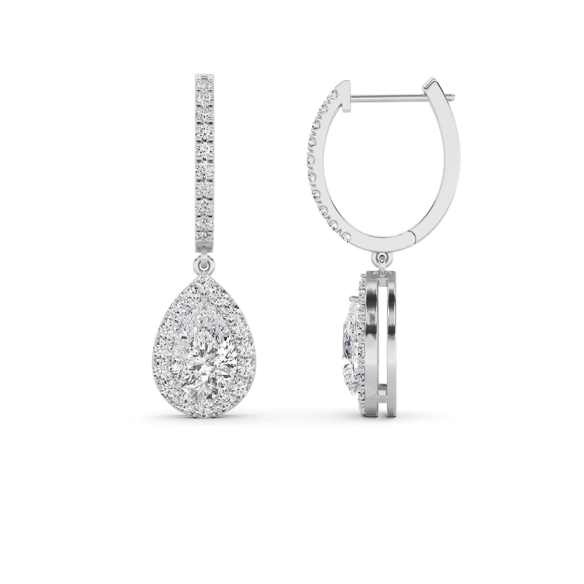 Modern Drop Halo Pear Cut Diamond Hoop Earring in 9K White Gold