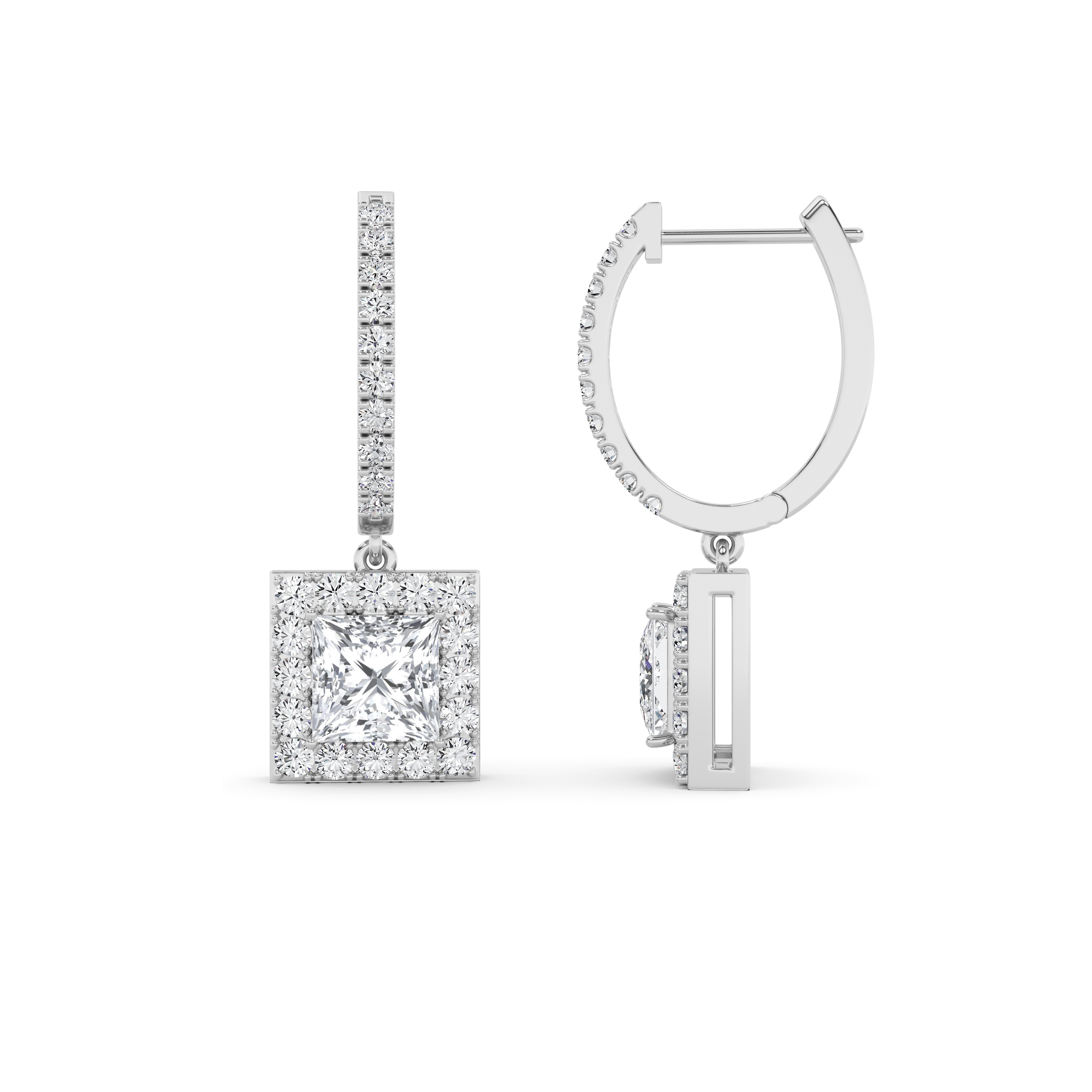 Modern Drop Halo Princess Cut Diamond Hoop Earring in 9K White Gold