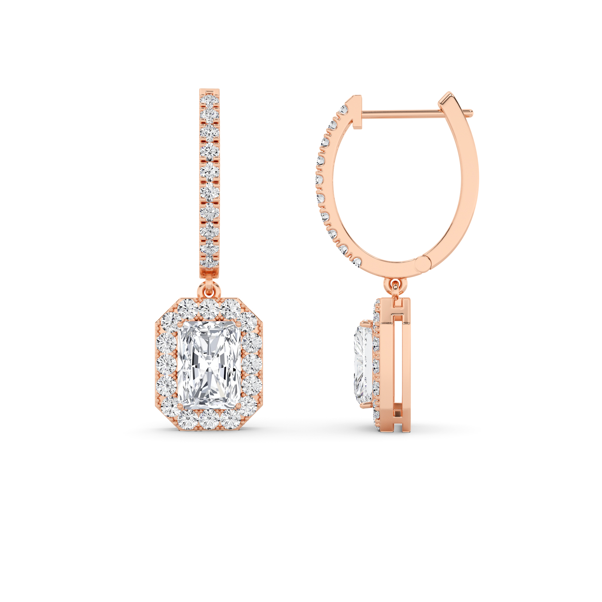 Modern Drop Halo Radiant Cut Diamond Hoop Earring in 9K Rose Gold