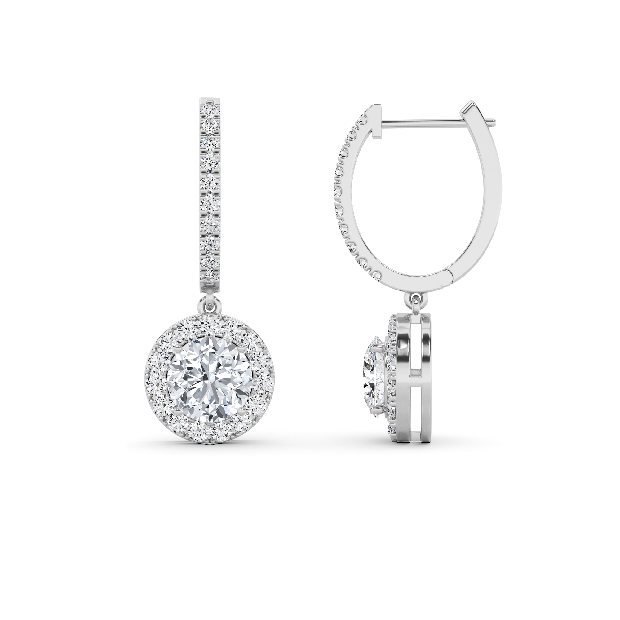 Modern Drop Halo Round Cut Diamond Hoop Earring in 9K White Gold