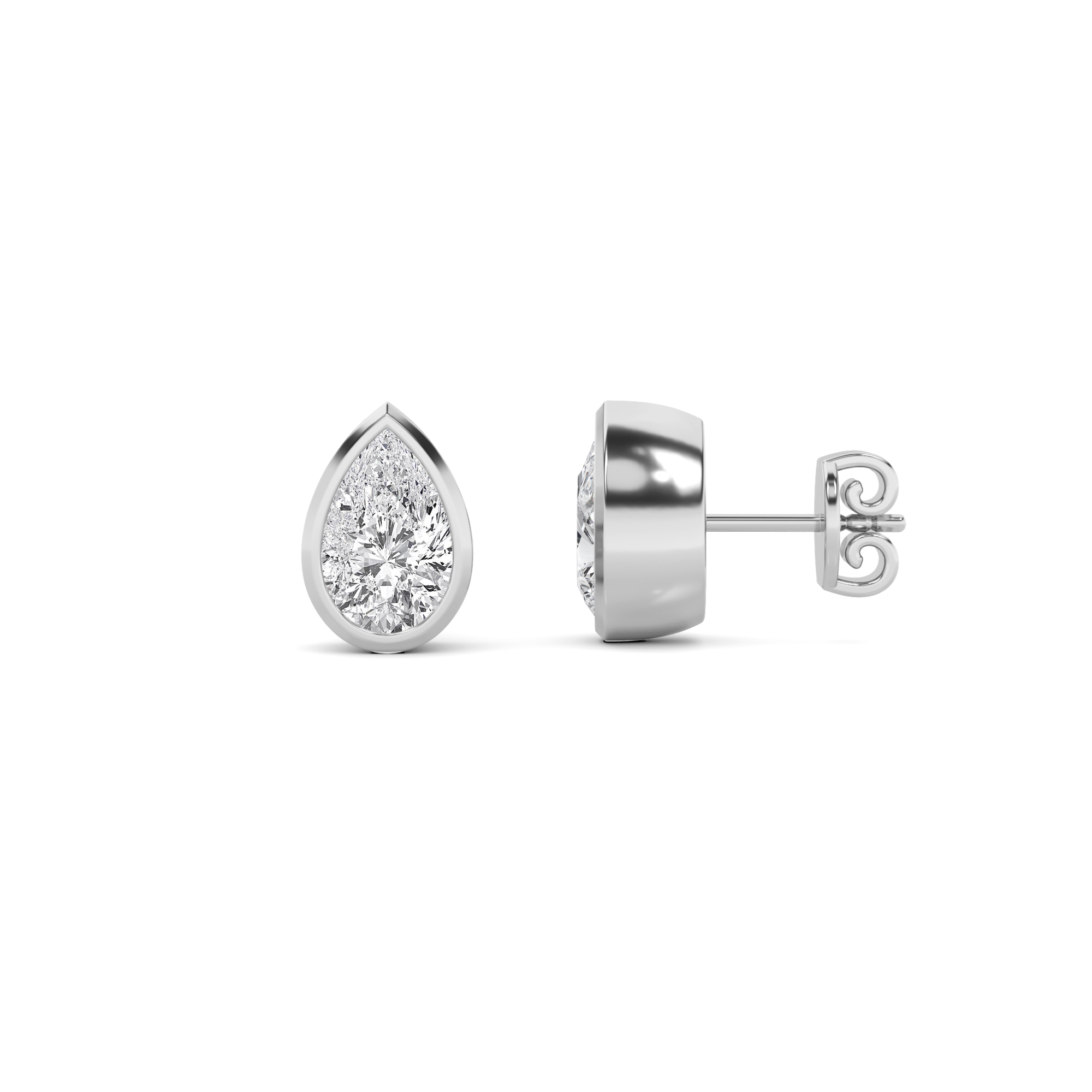 Classic High Bezel Set Pear Cut Diamond Stud Earring