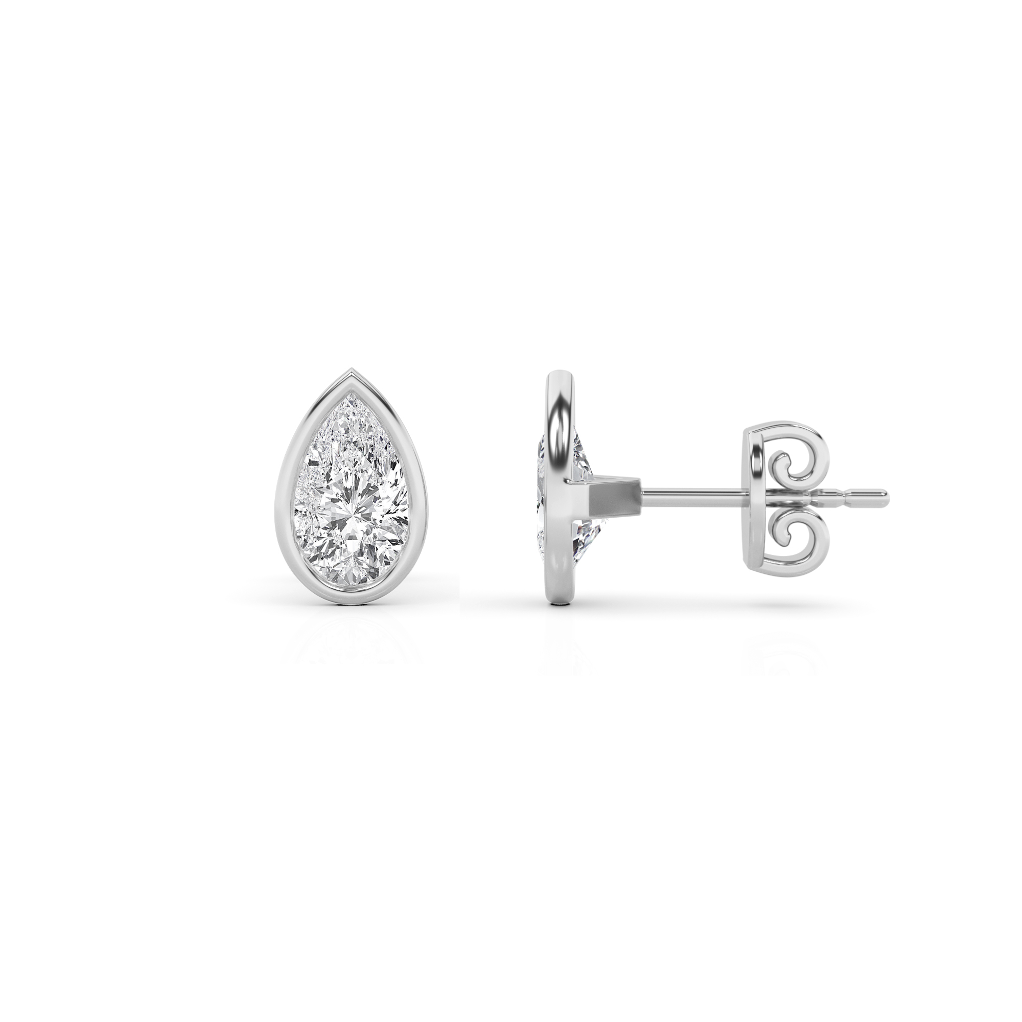 Bezel Set Round Stud Earring in 9K White Gold Push Back Classic Diamond Earrings