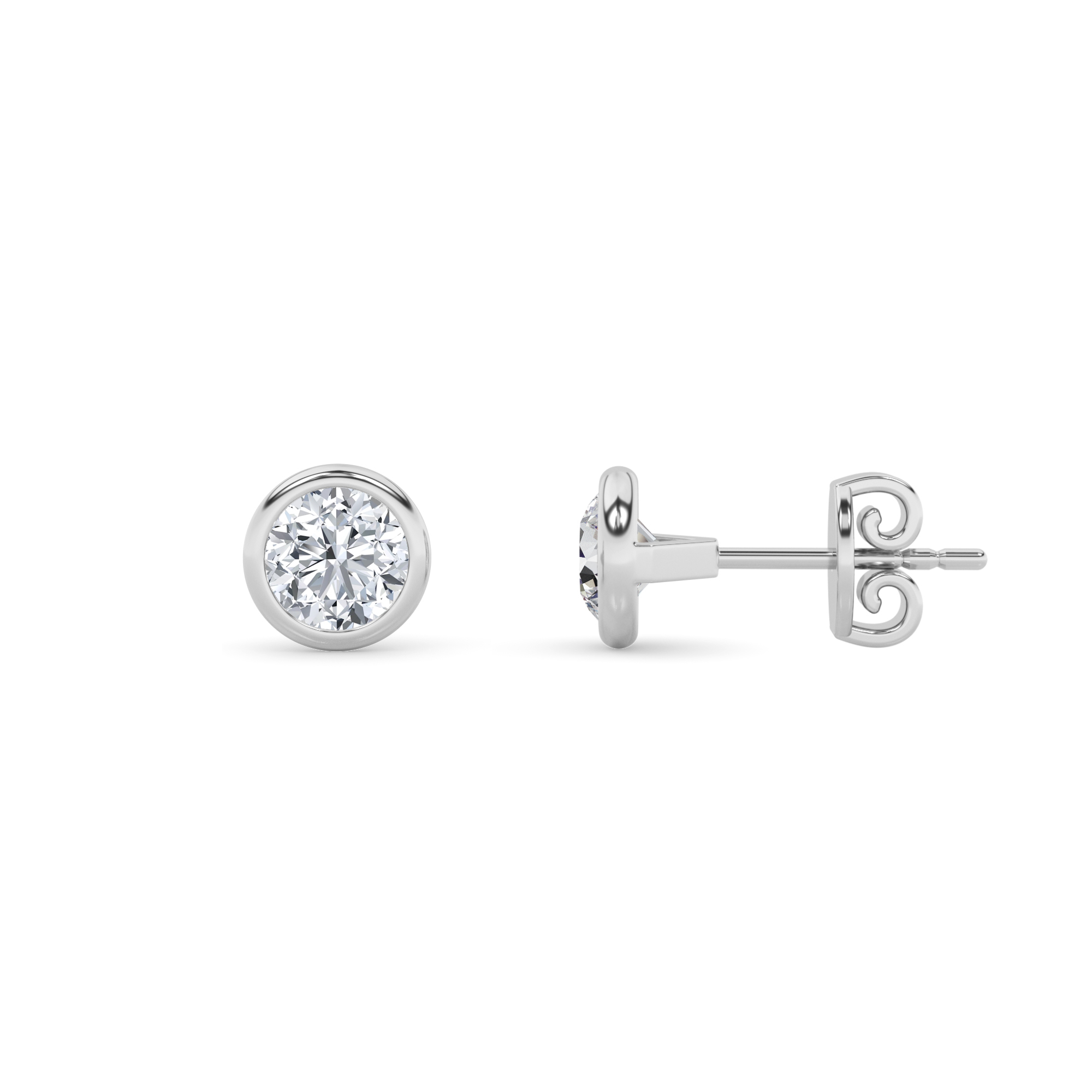 Bezel Set Round Stud Earring in 9K White Gold Push Back Classic Diamond Earrings