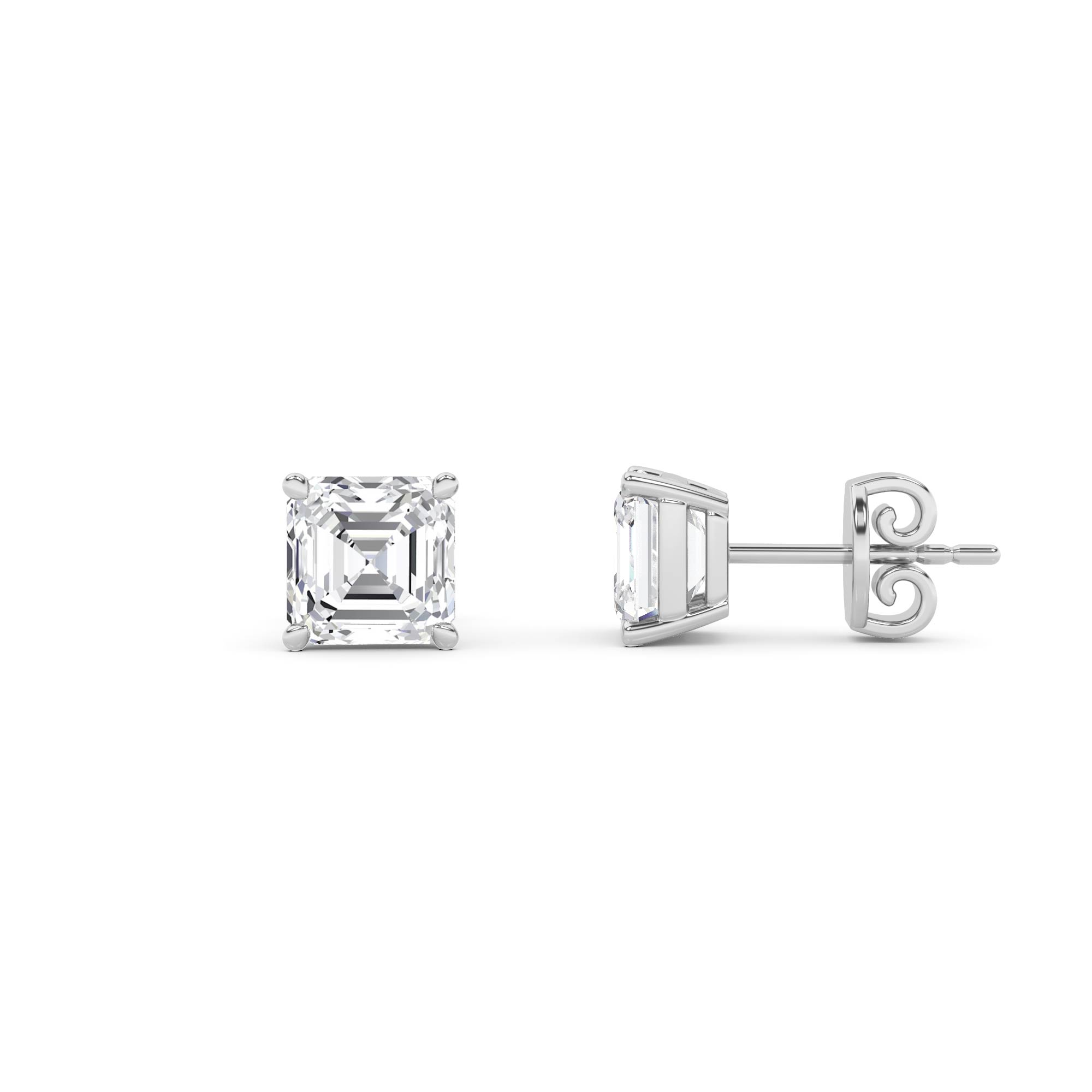 Classic 4 Prong Asscher Diamond Stud Earring in 9K White Gold Push Back