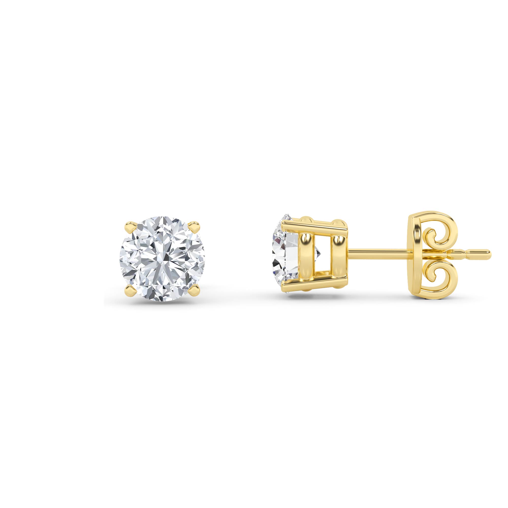 4 Prong Round Stud Earring in 9K Yellow Gold Push Back Classic Diamond Earrings