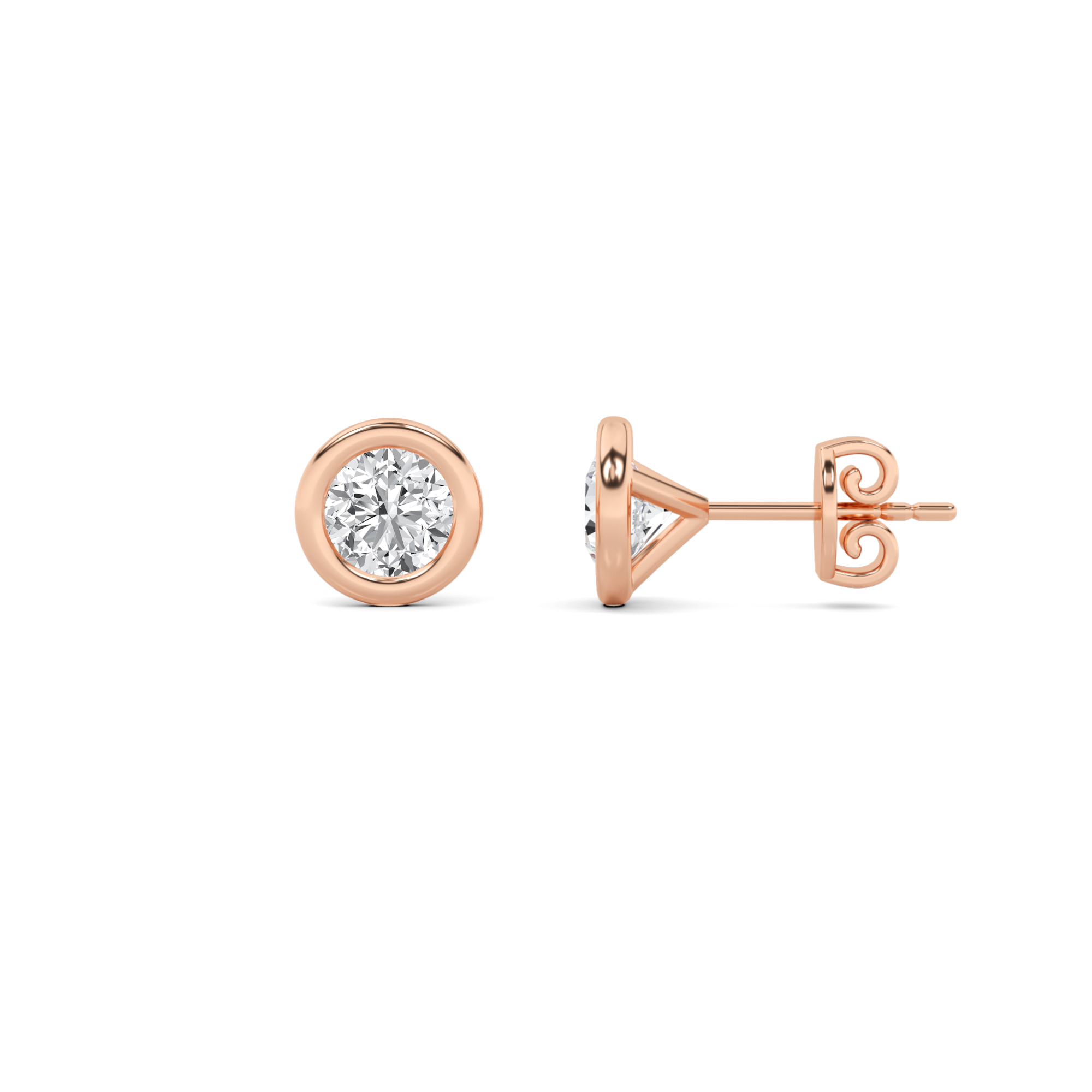 Bezel Set Round Stud Earring in 9K Rose Gold Push Back Flat Diamond Earrings